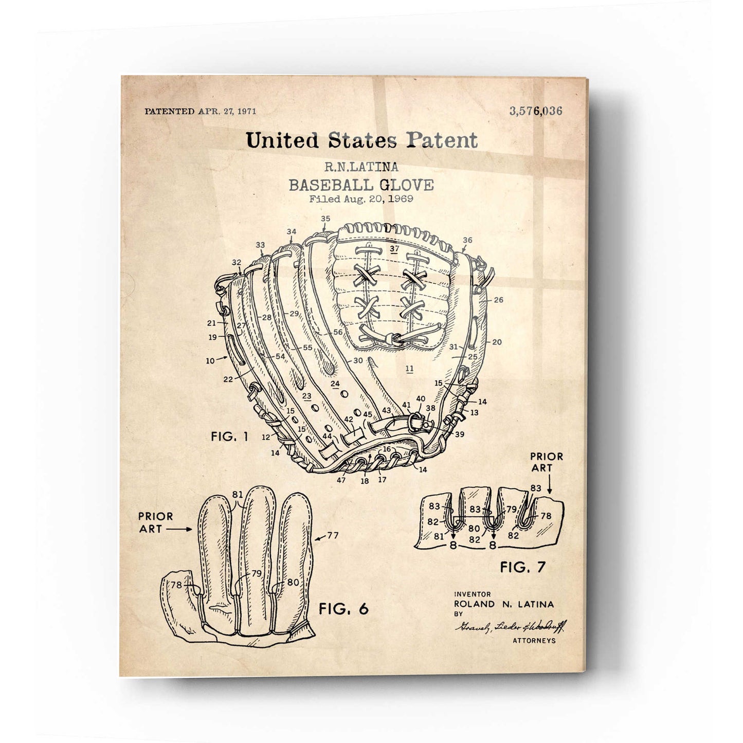 Epic Art 'Baseball Glove, 1971, Blueprint Patent Parchment' Acrylic Glass Wall Art,12x16