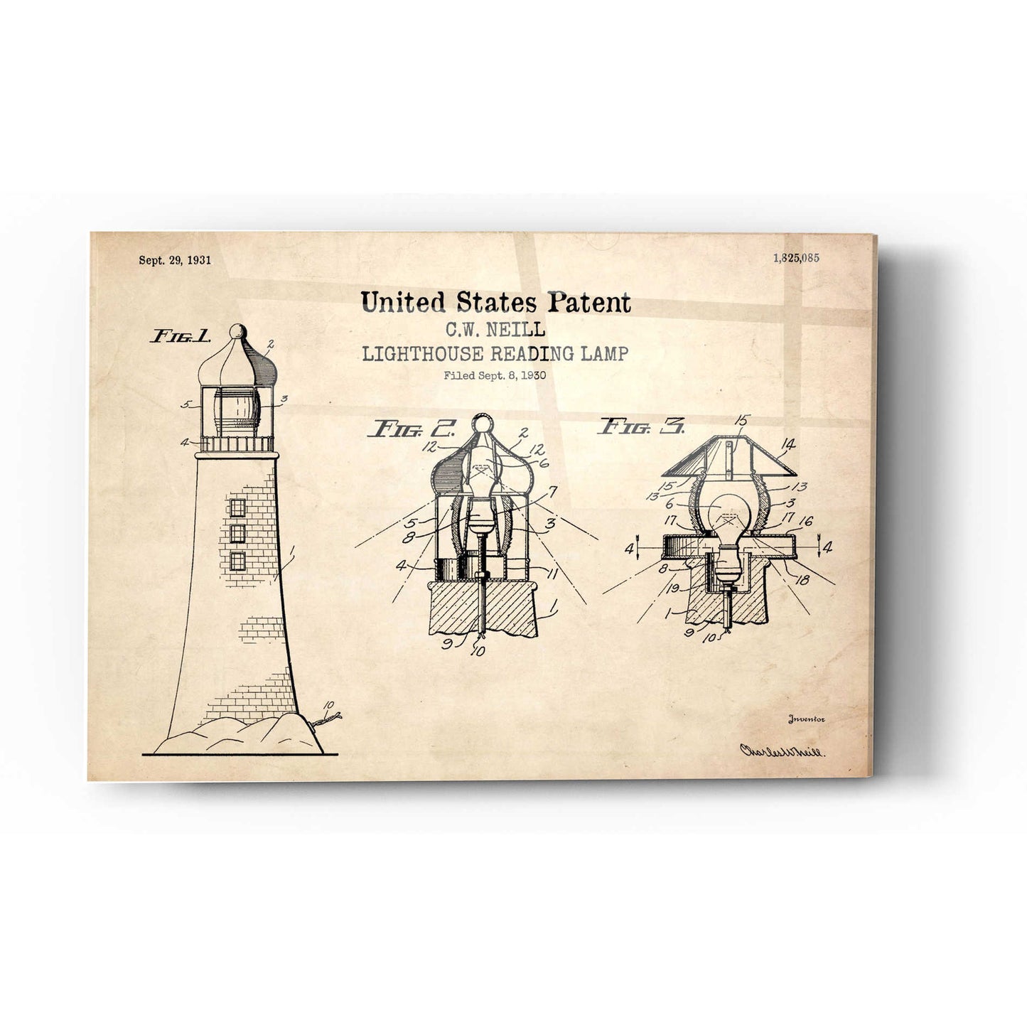 Epic Art 'Lighthouse Reading Lamp Blueprint Patent Parchment' Acrylic Glass Wall Art,12x16