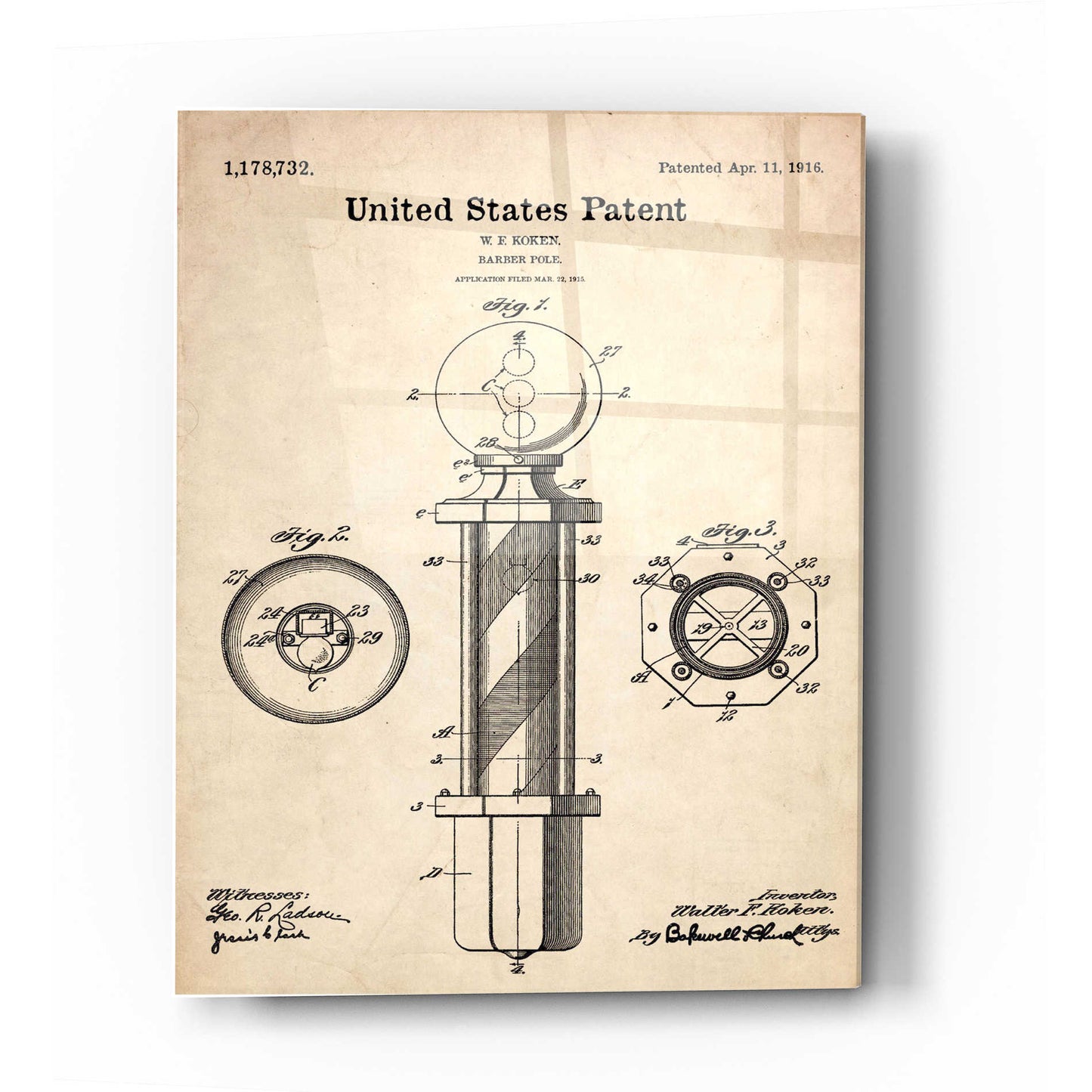 Epic Art 'Barber Pole Blueprint Patent Parchment' Acrylic Glass Wall Art,12x16