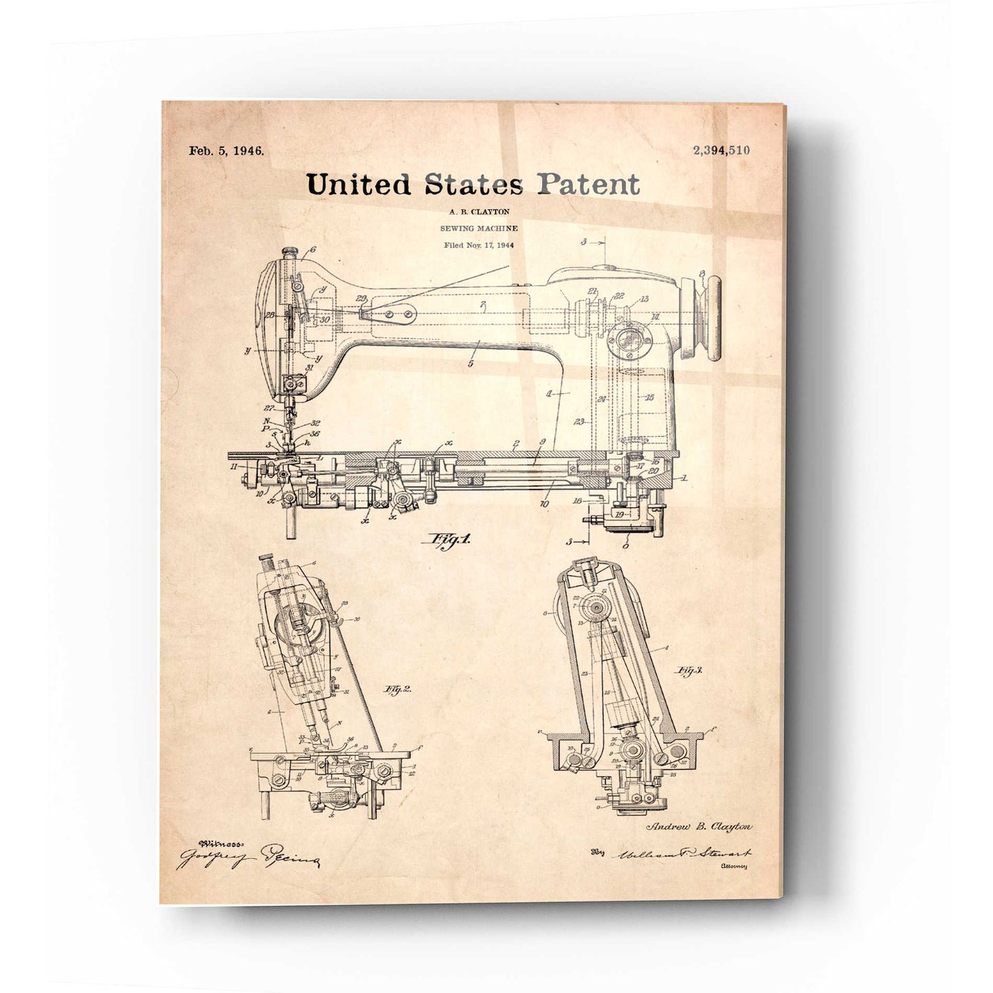 Epic Art 'Sewing Machine Blueprint Patent Parchment' Acrylic Glass Wall Art,12x16