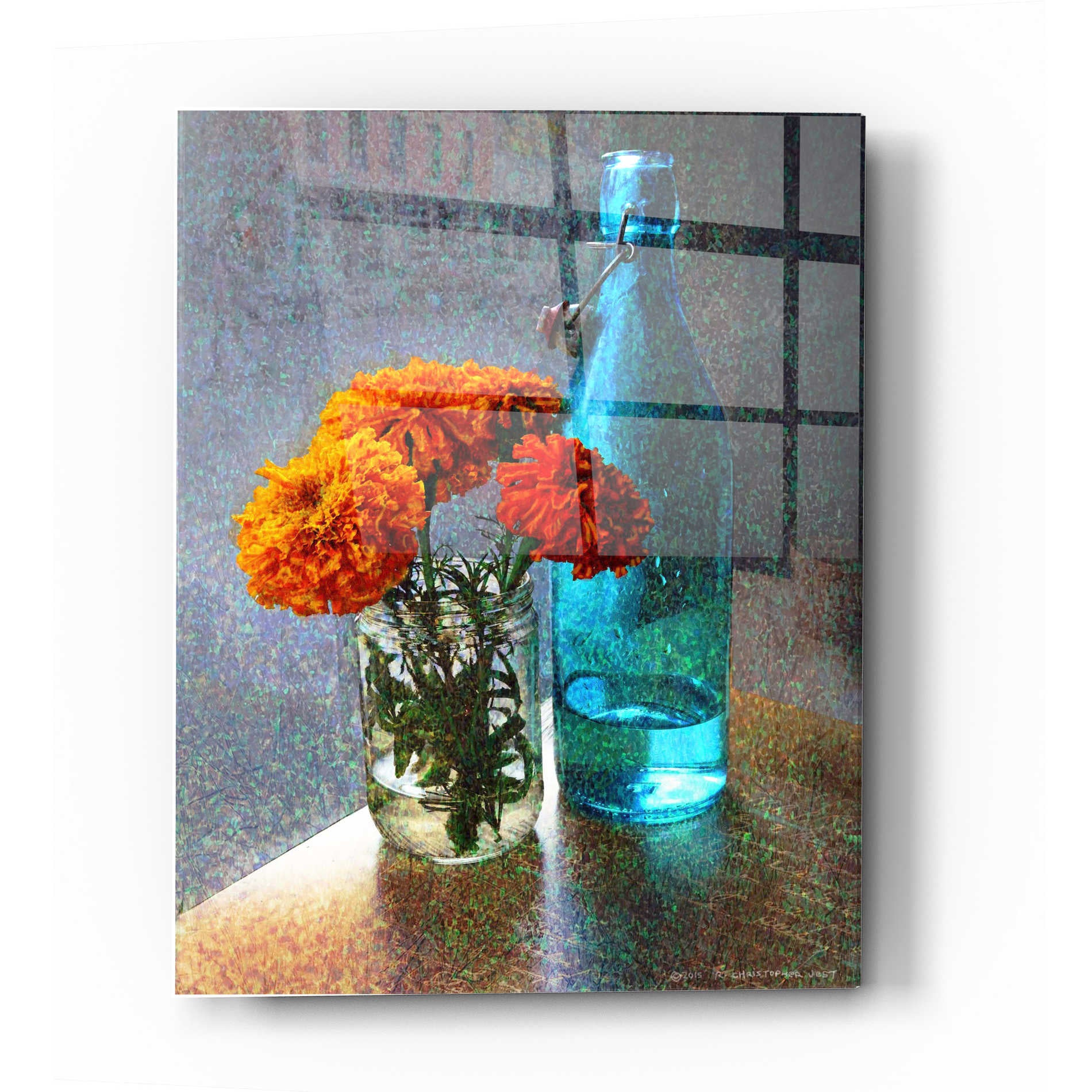 Epic Art 'Aqua Bottle Marigolds Cafe' by Chris Vest, Acrylic Glass Wall Art,12x16