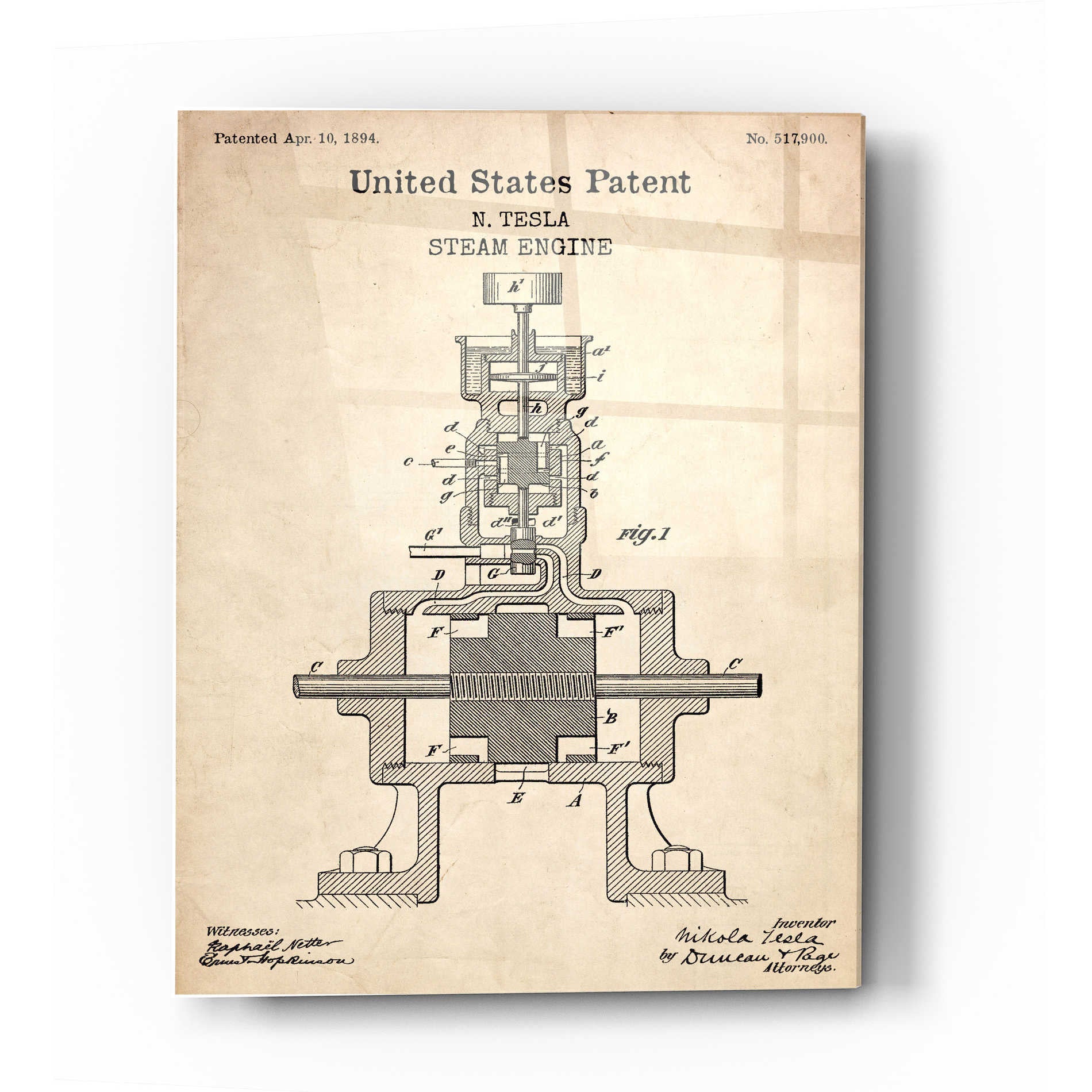 Epic Art 'Tesla Steam Engine Blueprint Patent Parchment' Acrylic Glass Wall Art,12x16