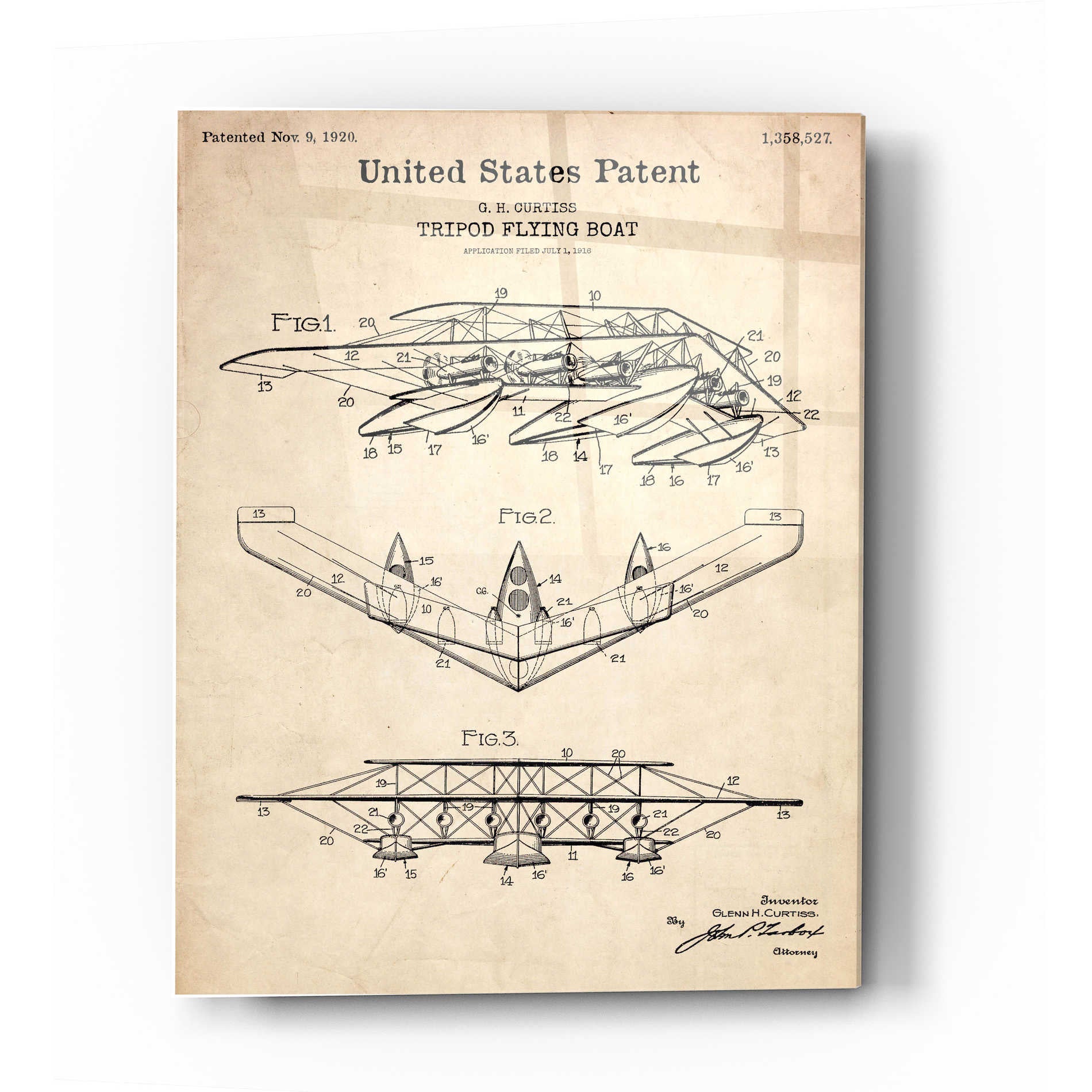 Epic Art 'Tripod Flying Boat Blueprint Patent Parchment' Acrylic Glass Wall Art,12x16