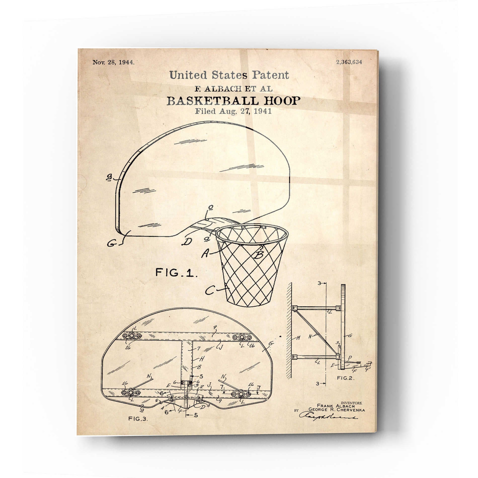 Epic Art 'Basketball Hoop Blueprint Patent Parchment' Acrylic Glass Wall Art,12x16