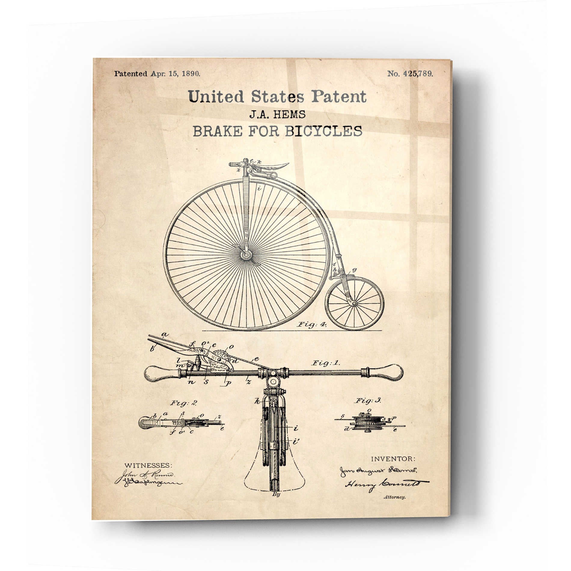 Epic Art 'Brake for Vintage Bicycle Blueprint Patent Parchment' Acrylic Glass Wall Art,12x16