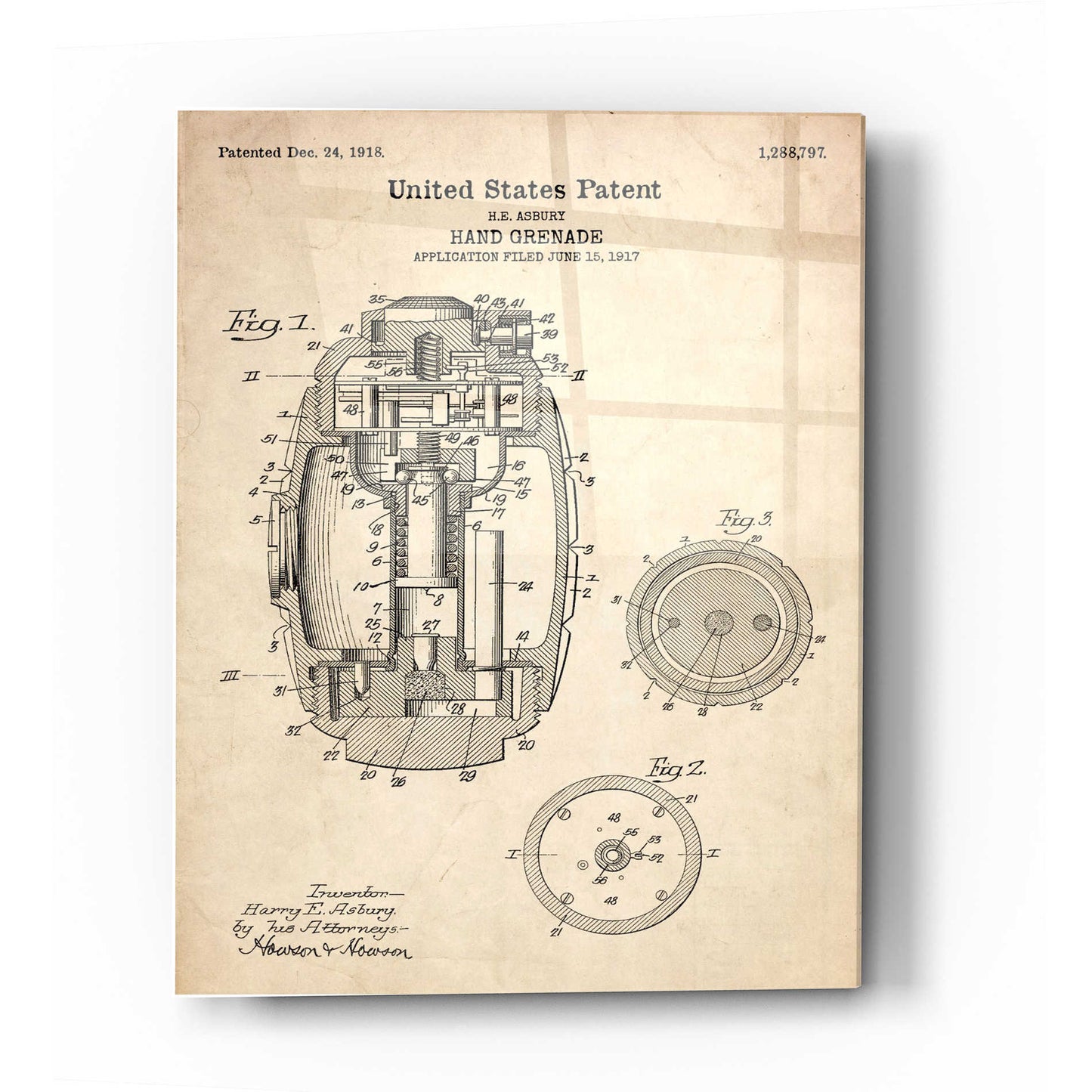 Epic Art 'Hand Grenade Blueprint Patent Parchment' Acrylic Glass Wall Art,12x16