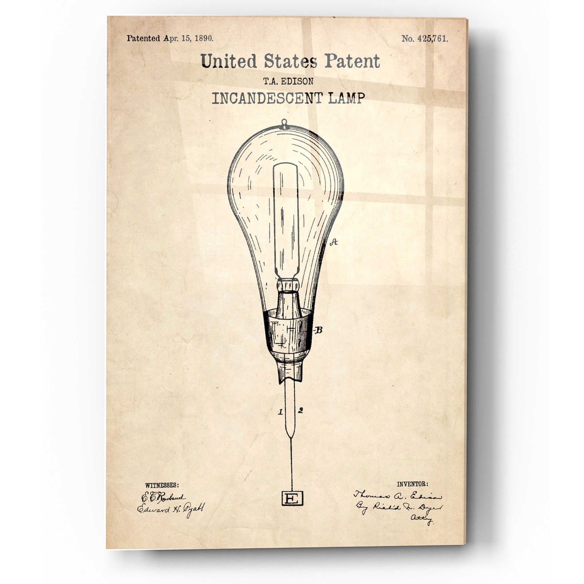 Epic Art 'Incandescent Lamp Blueprint Patent Parchment' Acrylic Glass Wall Art,12x16