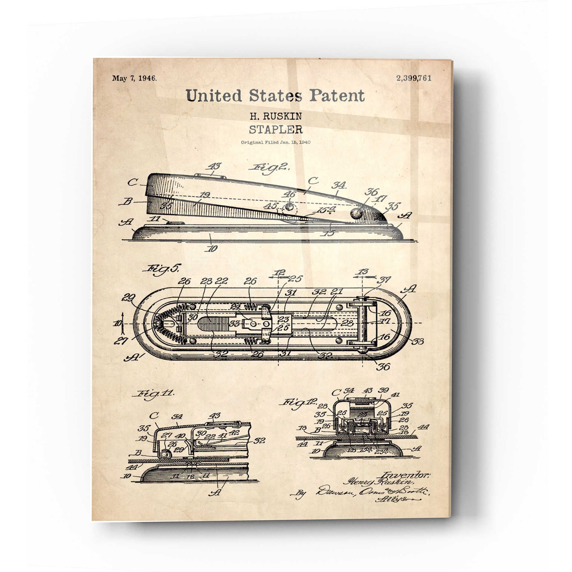 Epic Art 'Stapler Blueprint Patent Parchment' Acrylic Glass Wall Art,12x16