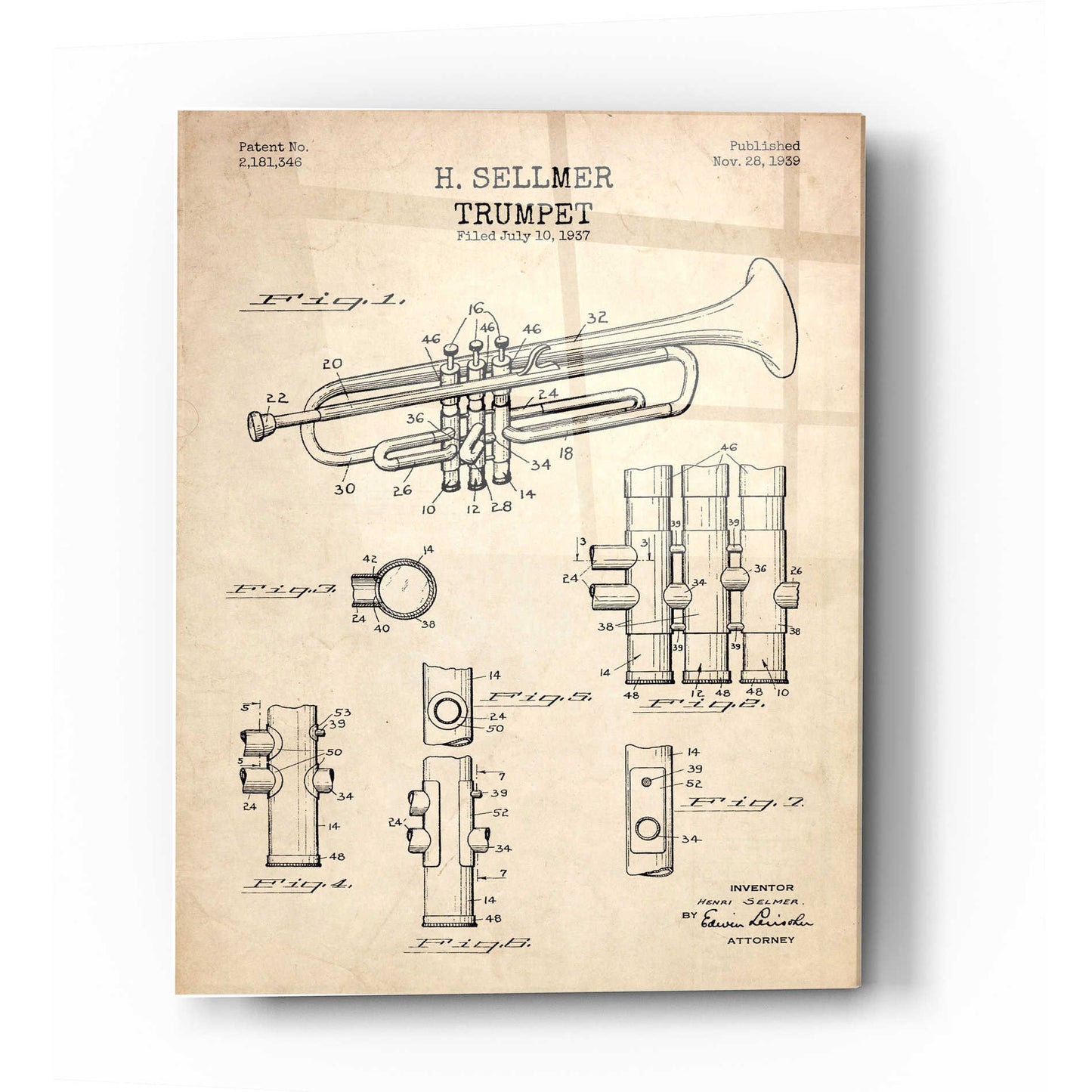 Epic Art 'Trumpet Blueprint Patent Parchment' Acrylic Glass Wall Art,16x24