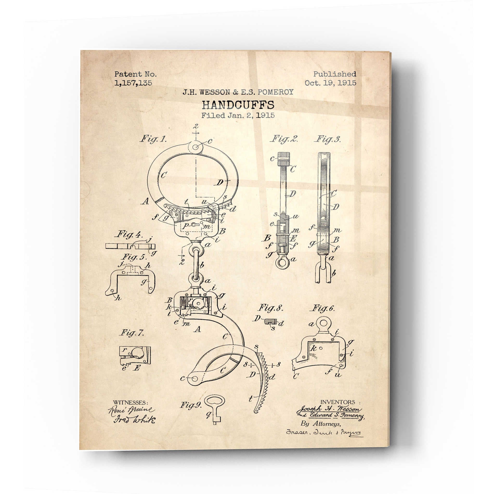 Epic Art 'Handcuffs Blueprint Patent Parchment' Acrylic Glass Wall Art,16x24