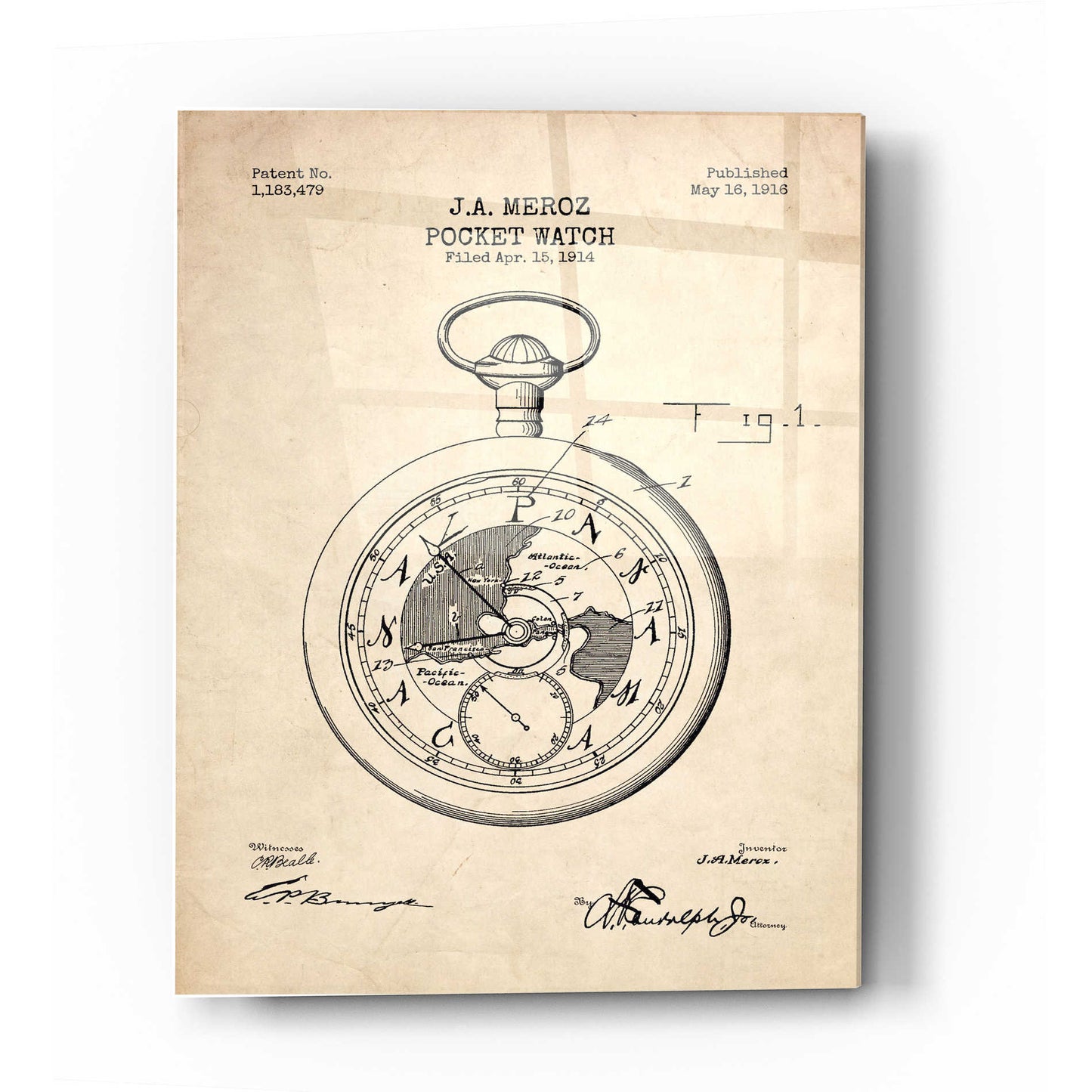 Epic Art 'Pocket Watch Blueprint Patent Parchment' Acrylic Glass Wall Art,16x24
