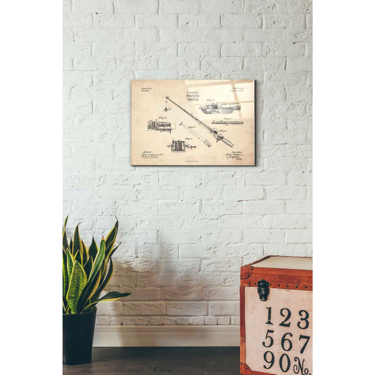 Epic Art 'Fishing Tackle Blueprint Patent Parchment' Acrylic Glass Wall Art,16x24