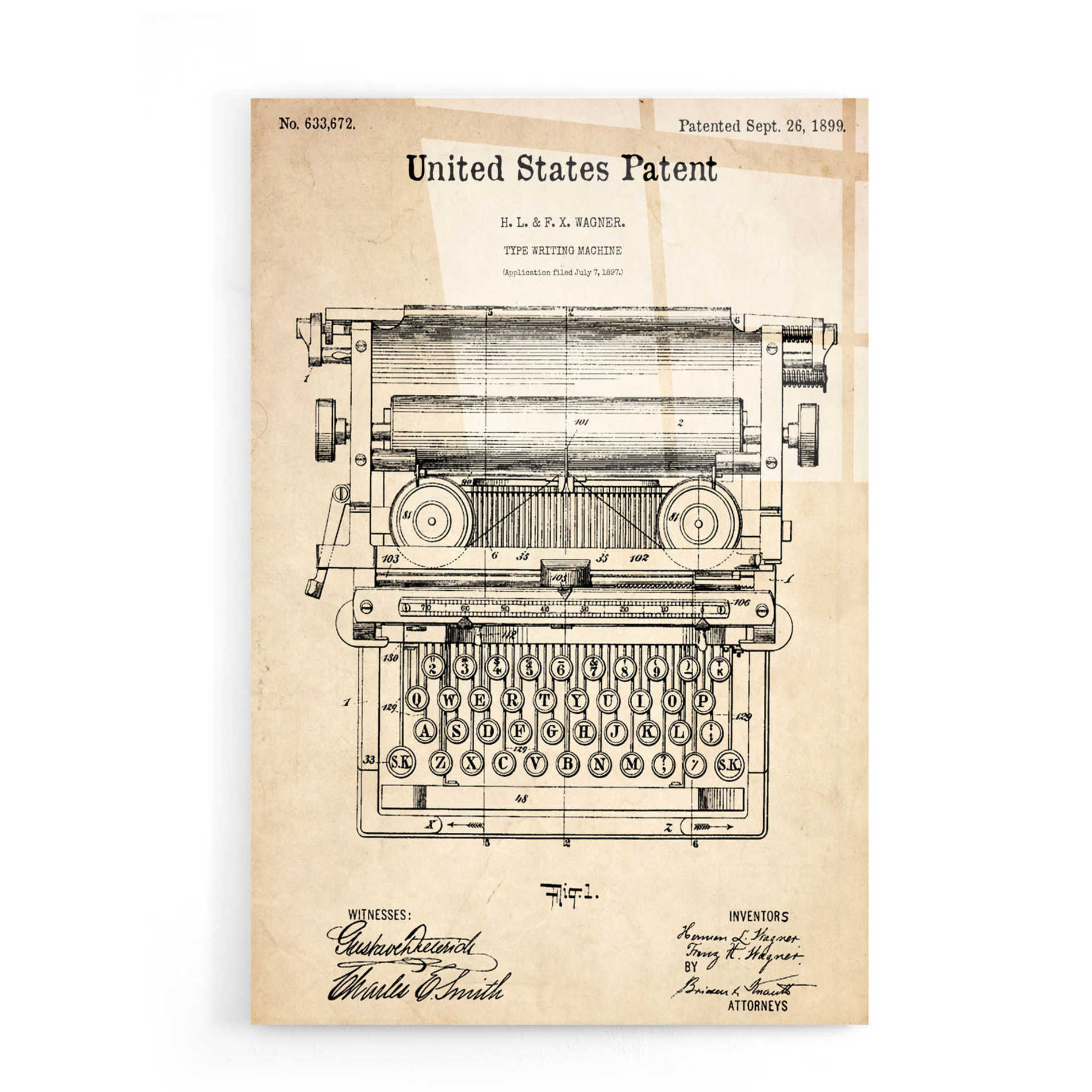 Epic Art 'Typewriter Vintage Patent Blueprint' Acrylic Glass Wall Art,16x24