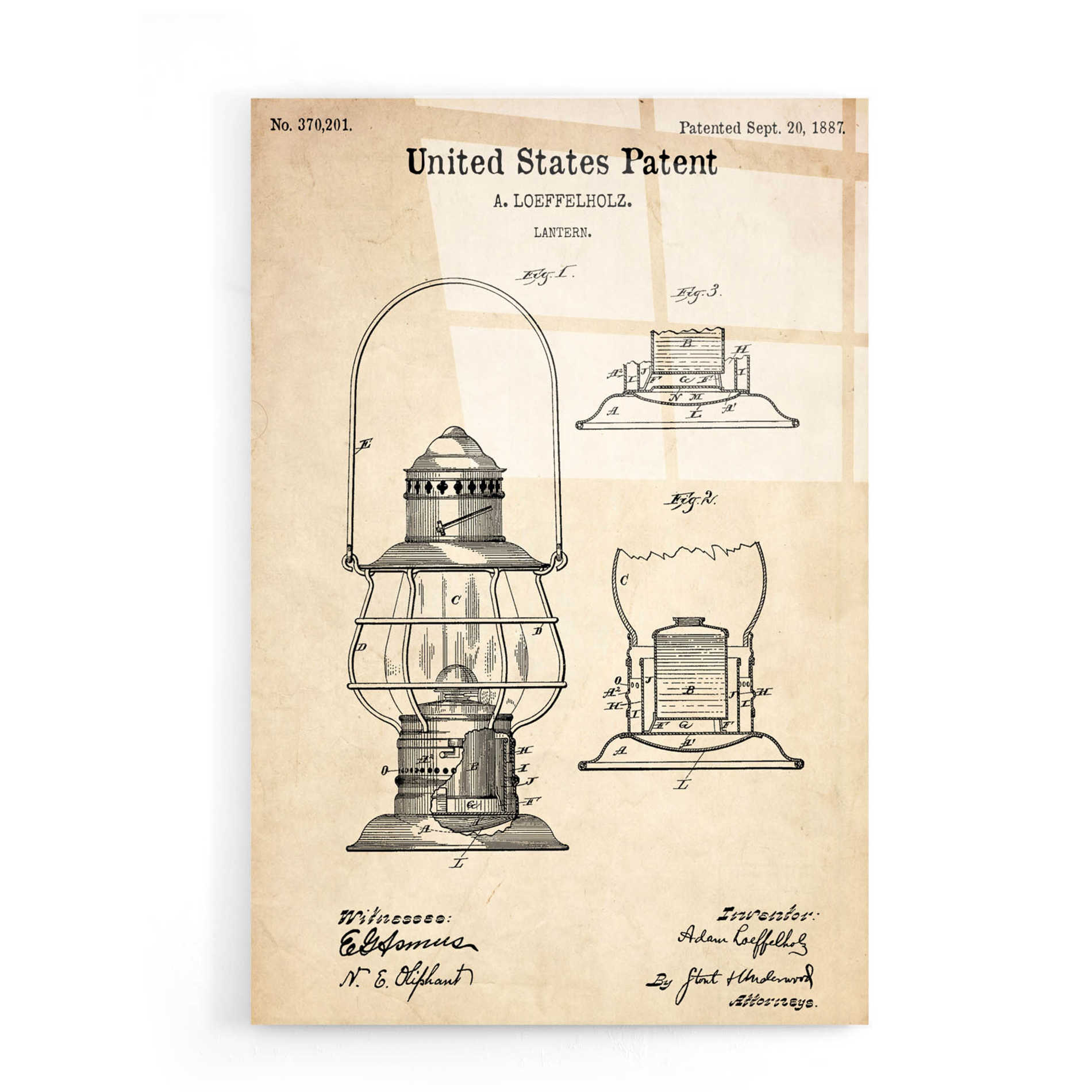 Epic Art 'Lantern Vintage Patent' Acrylic Glass Wall Art,16x24