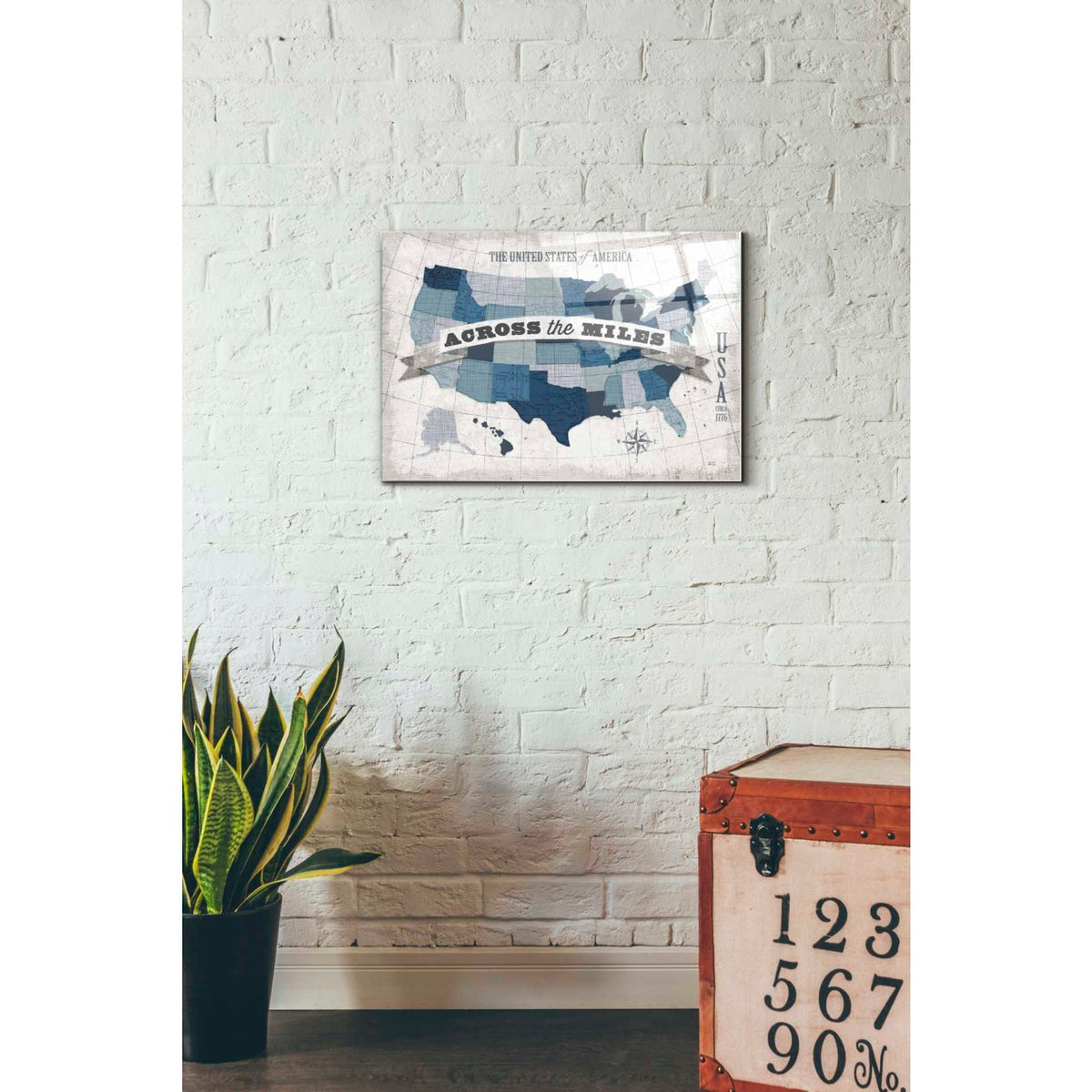 Epic Art 'USA Modern Vintage Blue Grey with Words' by Michael Mullan, Acrylic Glass Wall Art,16x24