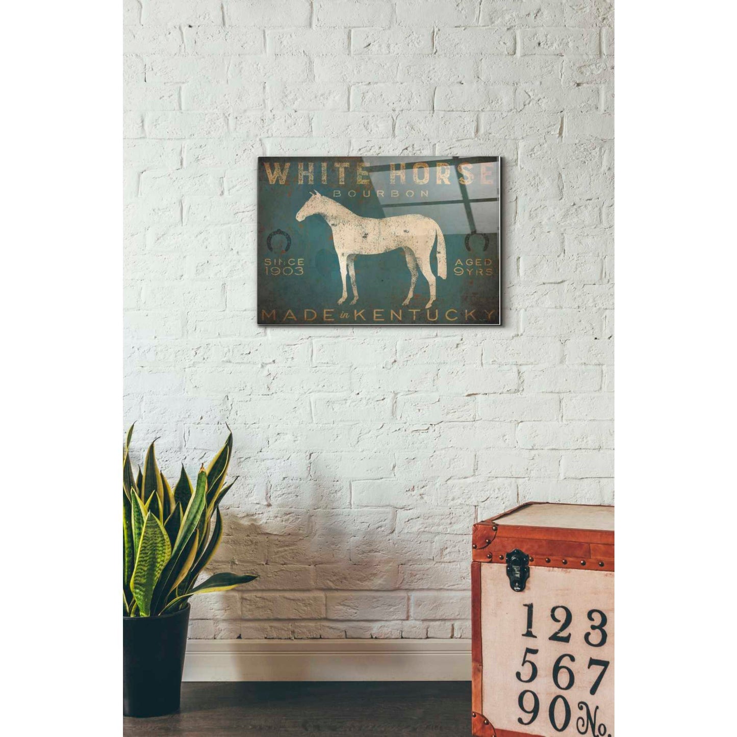 Epic Art 'White Horse with Words Blue' by Ryan Fowler, Acrylic Glass Wall Art,16x24