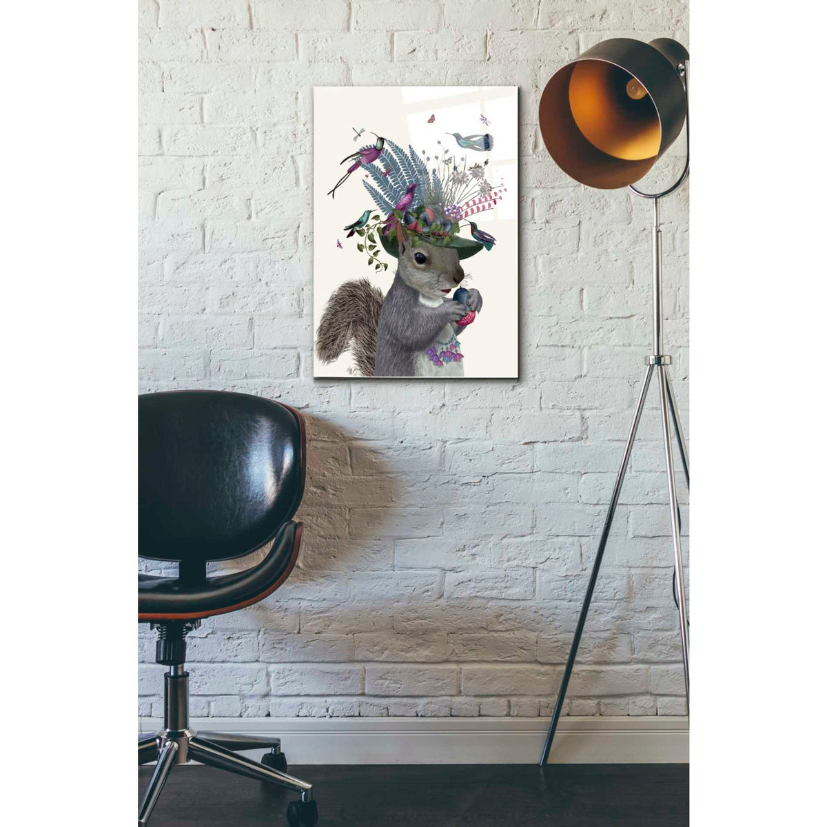 Epic Art 'Squirrel Birdkeeper and Blue Acorns' by Fab Funky Acrylic Glass Wall Art,16x24