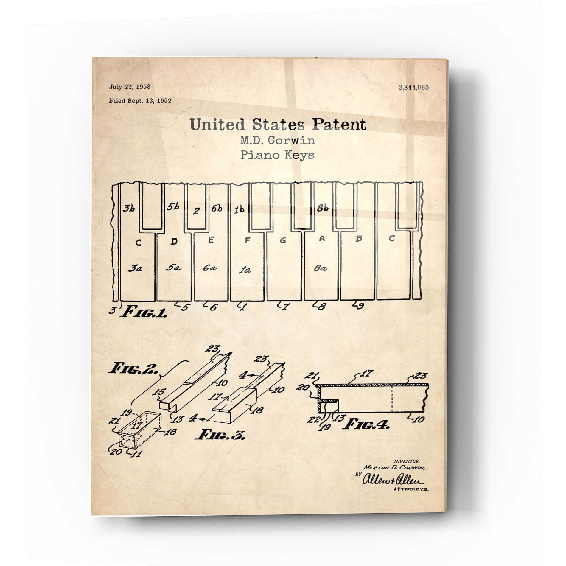 Epic Art 'Piano Keys Blueprint Patent Parchment' Acrylic Glass Wall Art,16x24