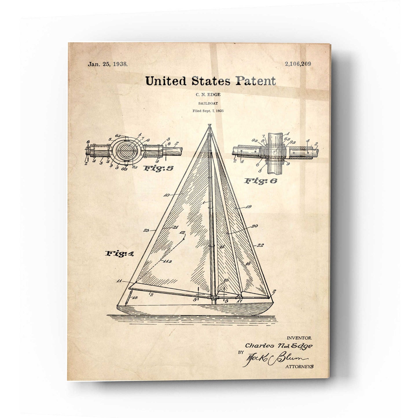 Epic Art 'Sailboat Blueprint Patent Parchment' Acrylic Glass Wall Art,16x24