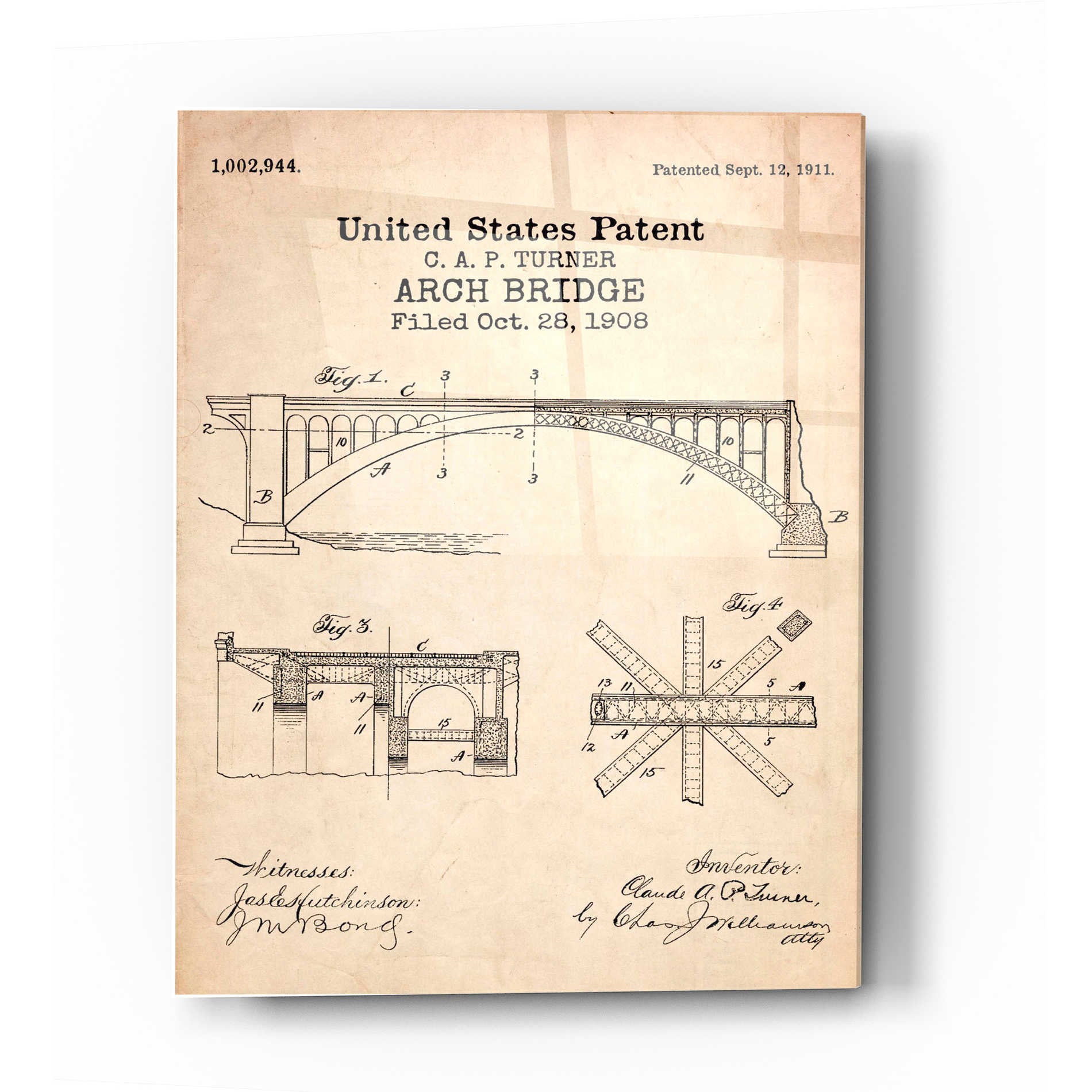 Epic Art 'Arch Bridge Blueprint Patent Parchment' Acrylic Glass Wall Art,16x24