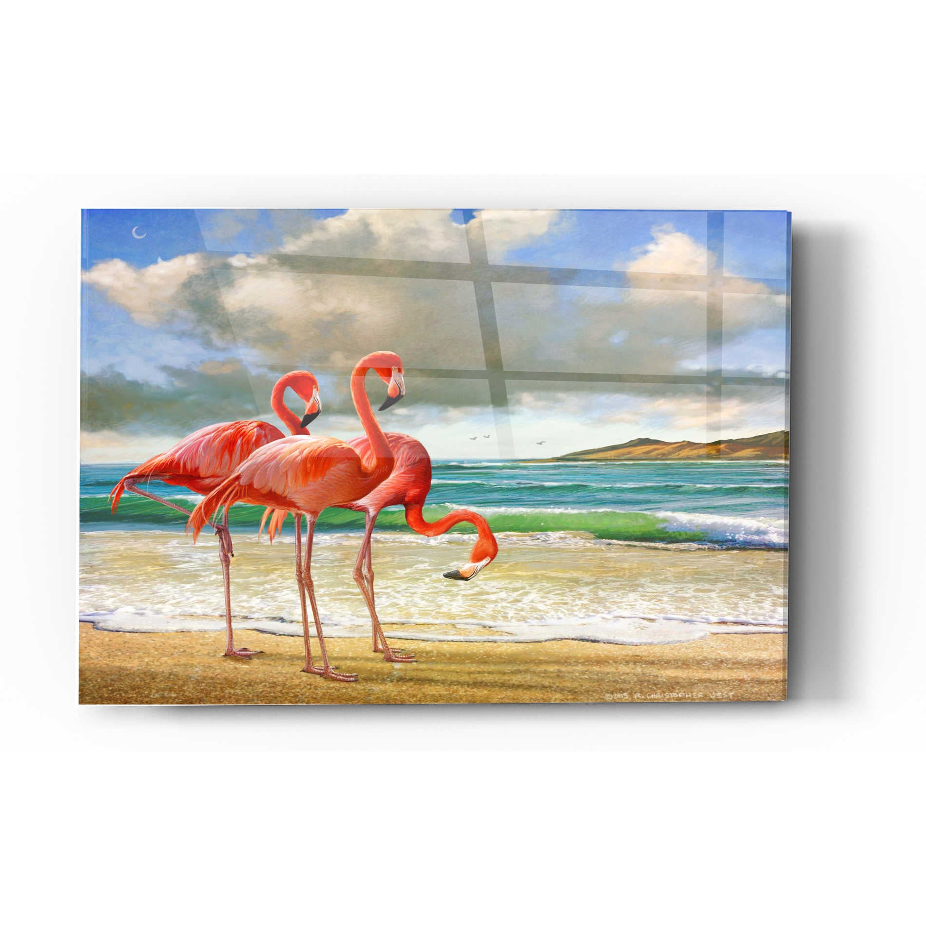 Epic Art 'Beach Scene Flamingos' by Chris Vest, Acrylic Glass Wall Art,16x24