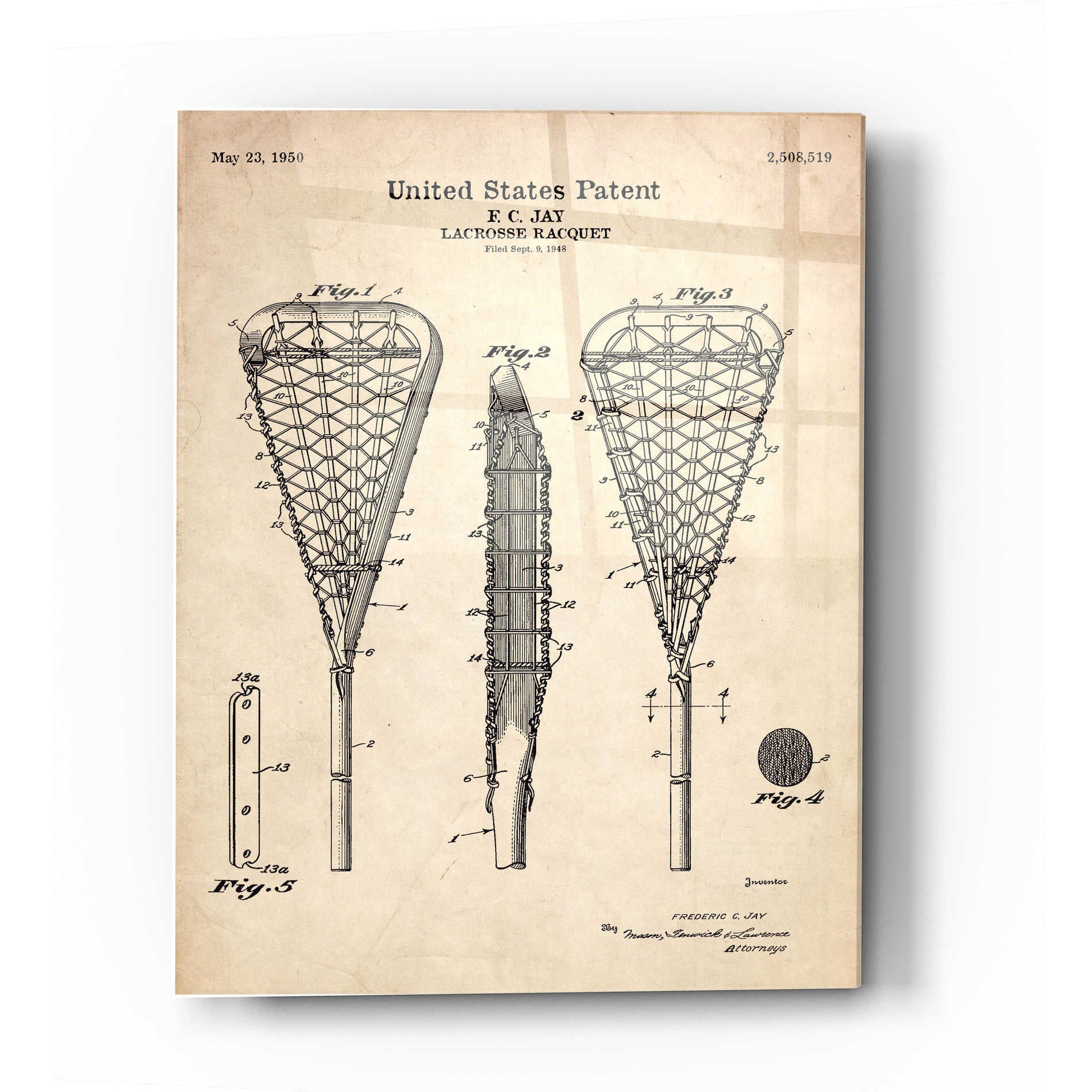Epic Art 'Lacrosse Racquet Blueprint Patent Parchment' Acrylic Glass Wall Art,16x24