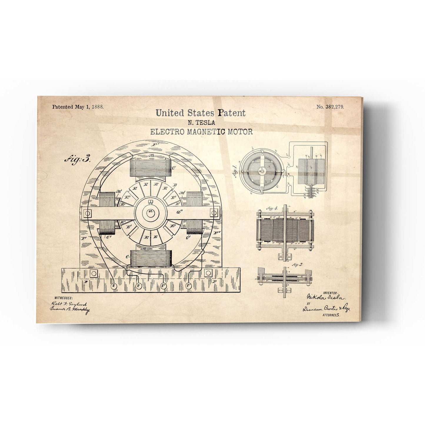 Epic Art 'Tesla Electro Magnetic Motor Blueprint Patent Parchment' Acrylic Glass Wall Art,16x24