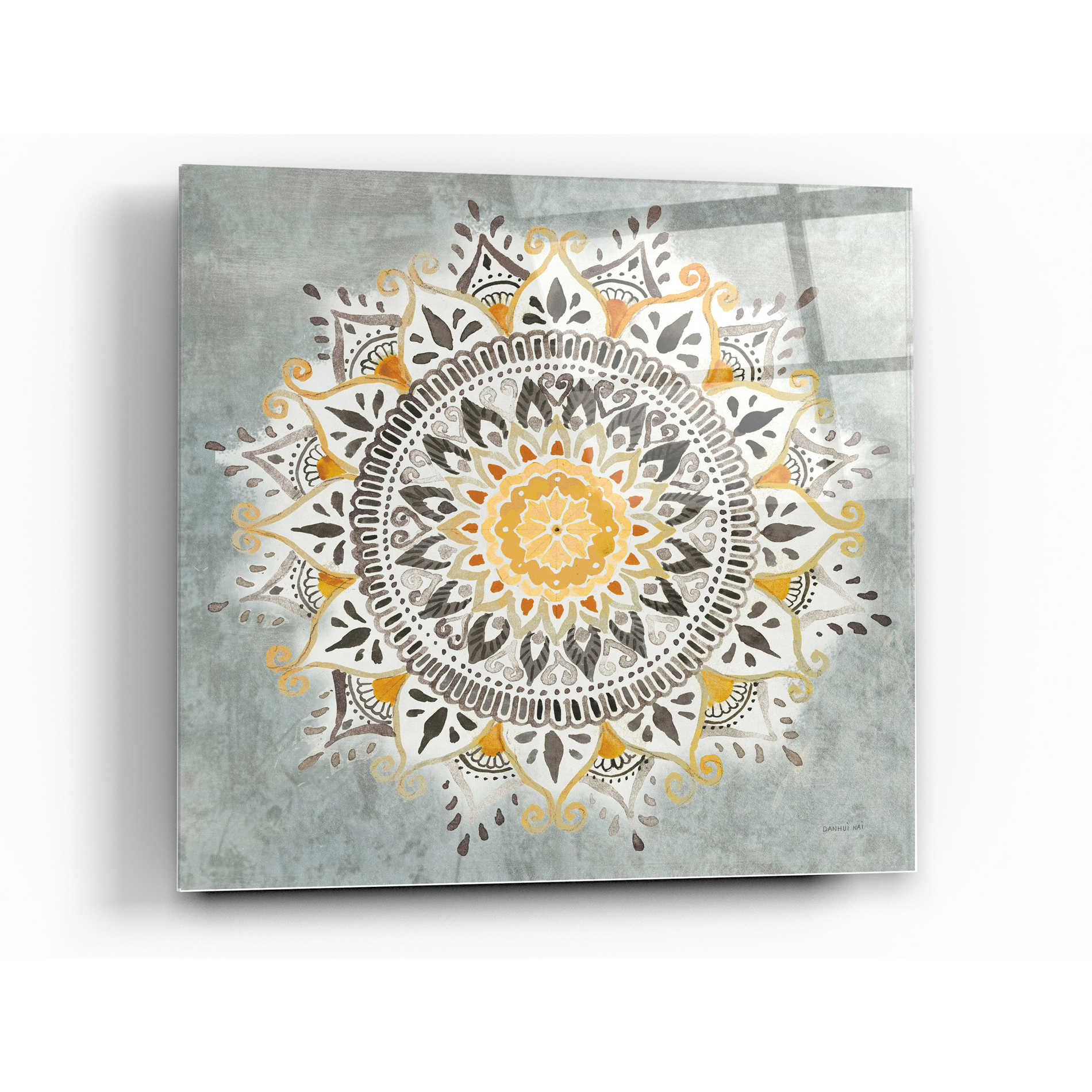 Epic Art 'Mandala Delight I Yellow Grey' by Danhui Nai, Acrylic Glass Wall Art,24x24