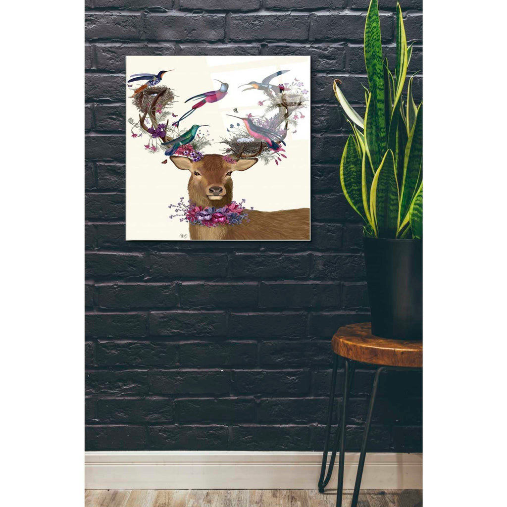 Epic Art 'Deer Birdkeeper, Tropical Bird Nests' by Fab Funky Acrylic Glass Wall Art,24x24