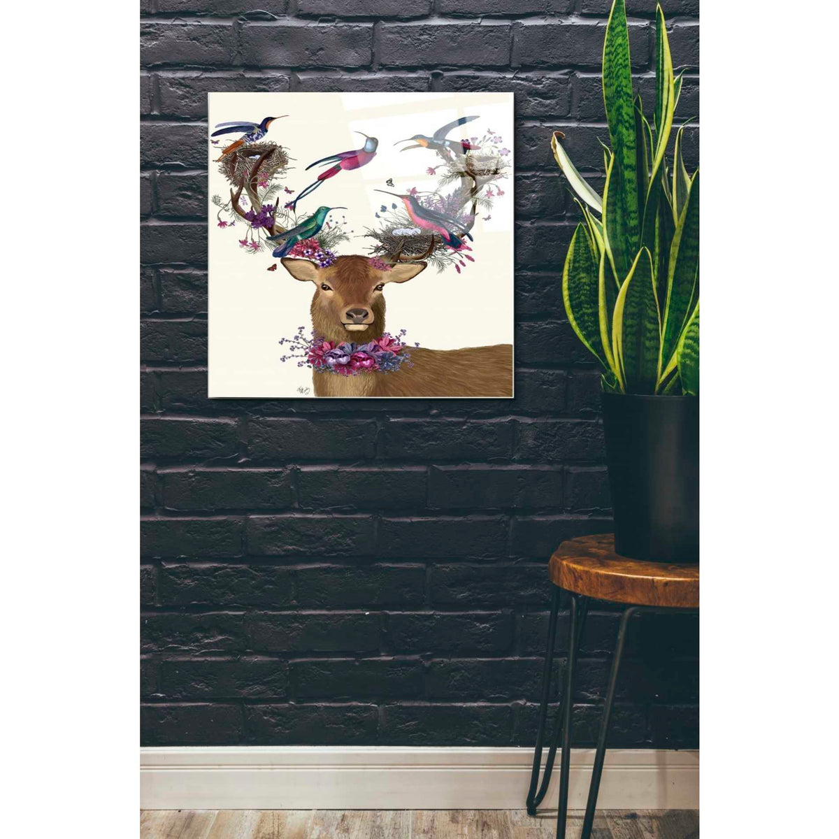 Epic Art 'Deer Birdkeeper, Tropical Bird Nests' by Fab Funky Acrylic Glass Wall Art,24x24