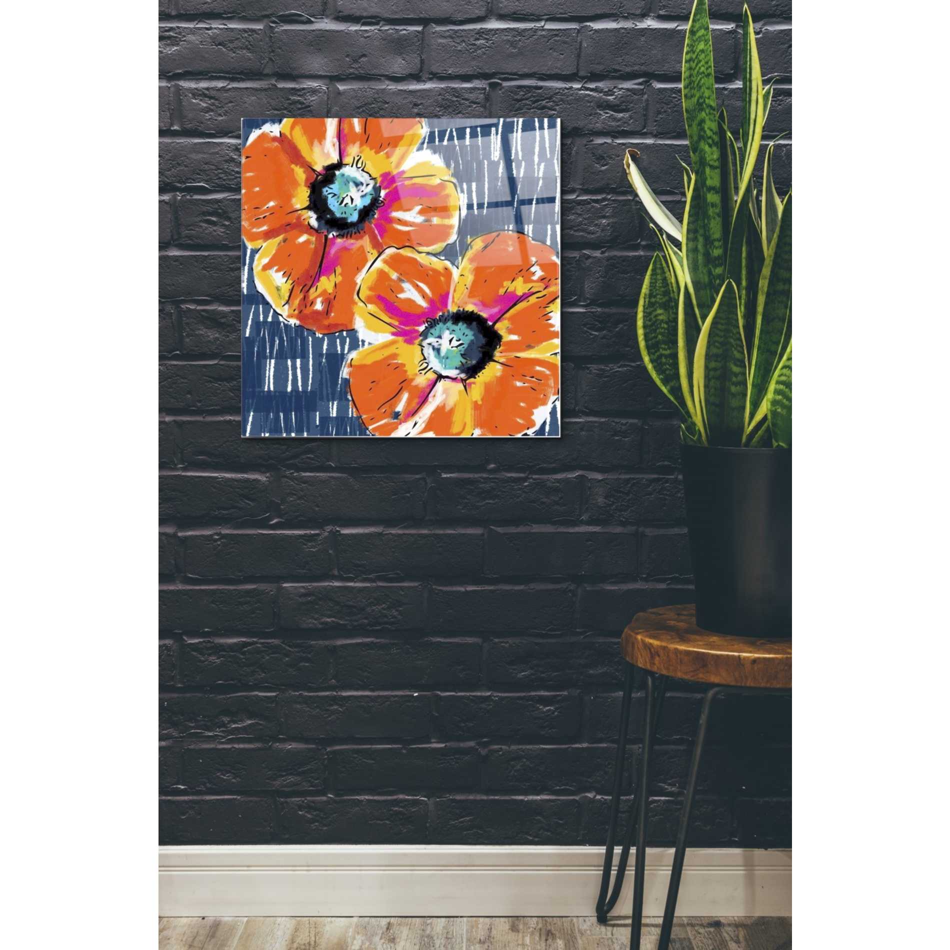 Epic Art 'Orange Poppies on Blue' by Linda Woods, Acrylic Glass Wall Art,24x24