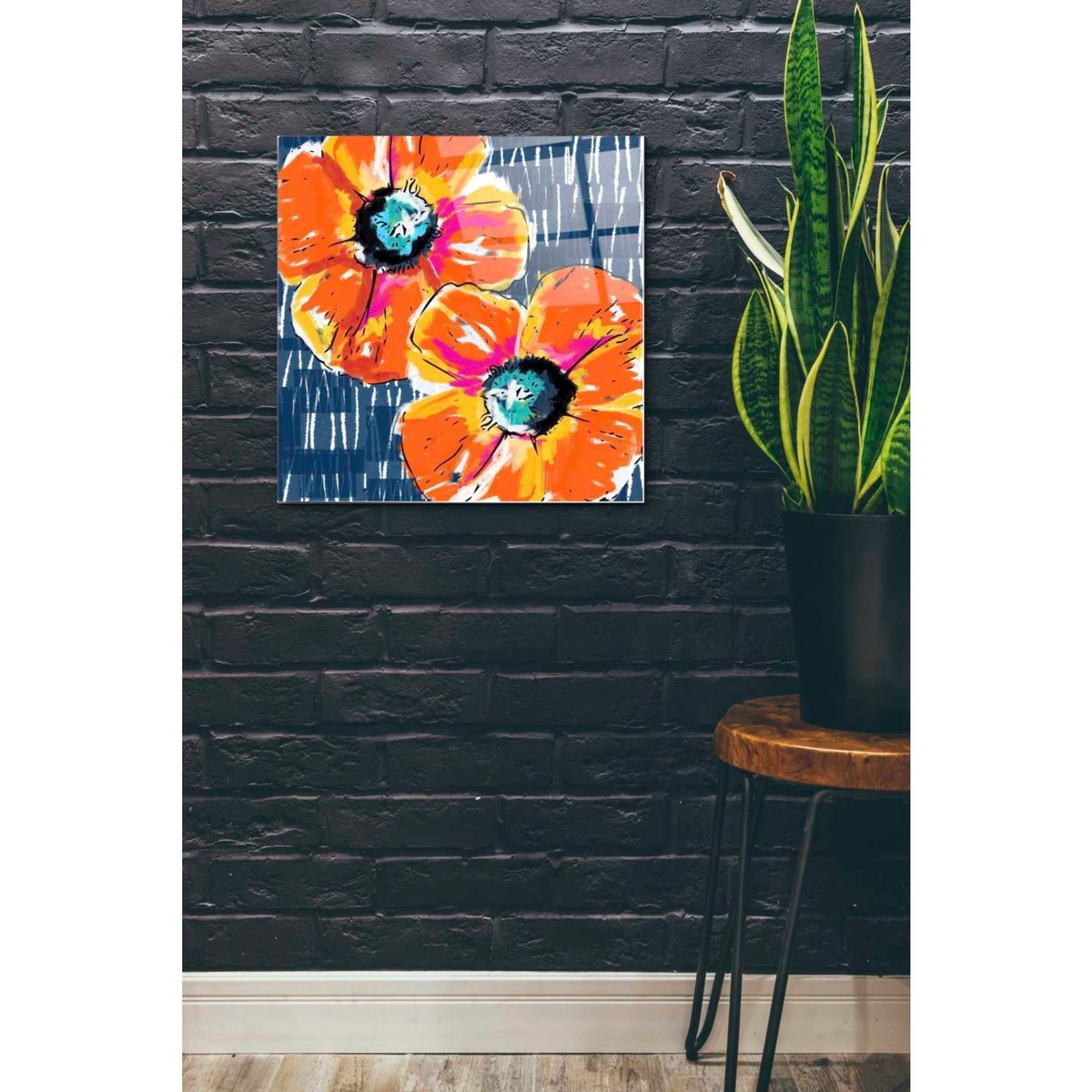 Epic Art 'Orange Poppies on Blue' by Linda Woods, Acrylic Glass Wall Art,24x24