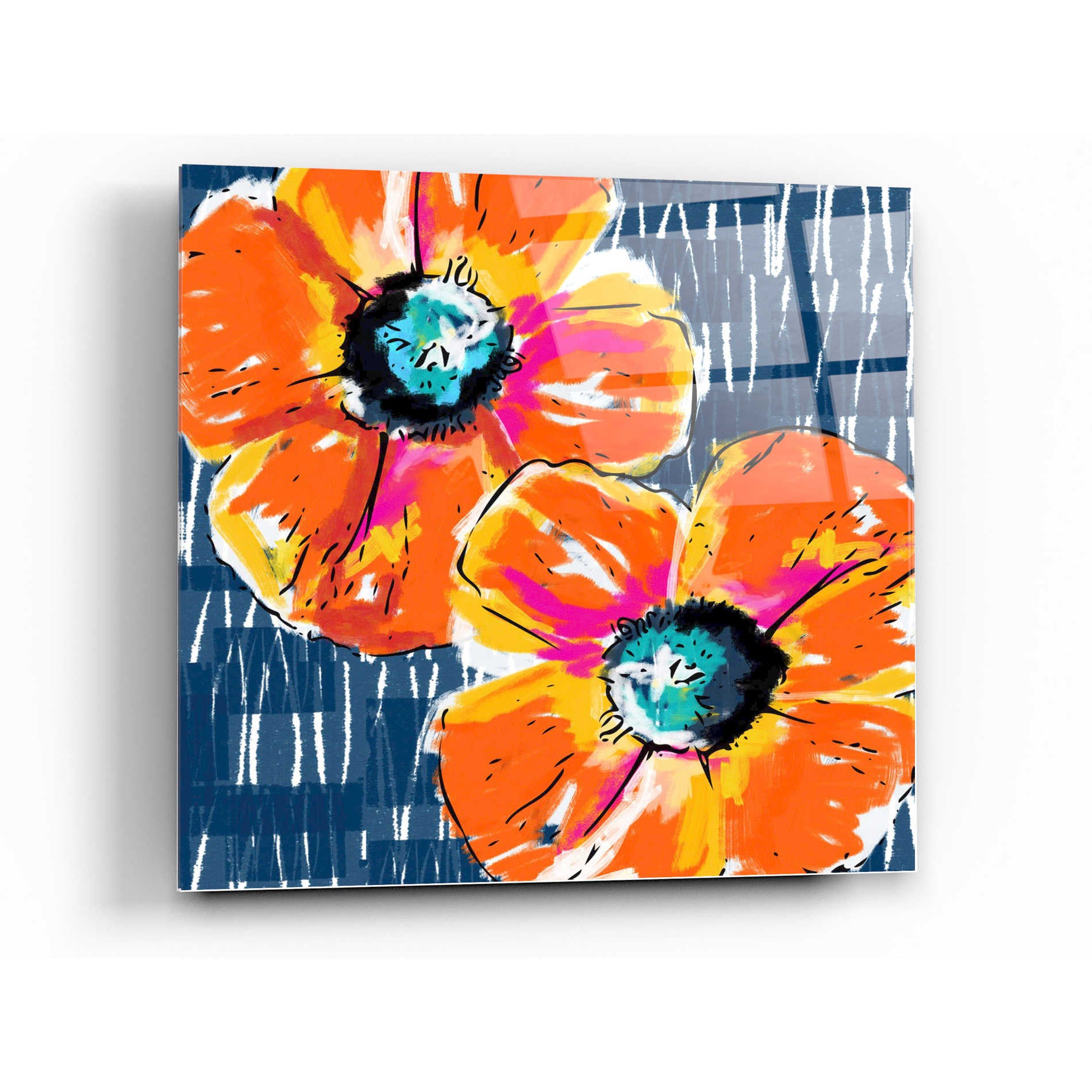 Epic Art 'Orange Poppies on Blue' by Linda Woods, Acrylic Glass Wall Art,24x24