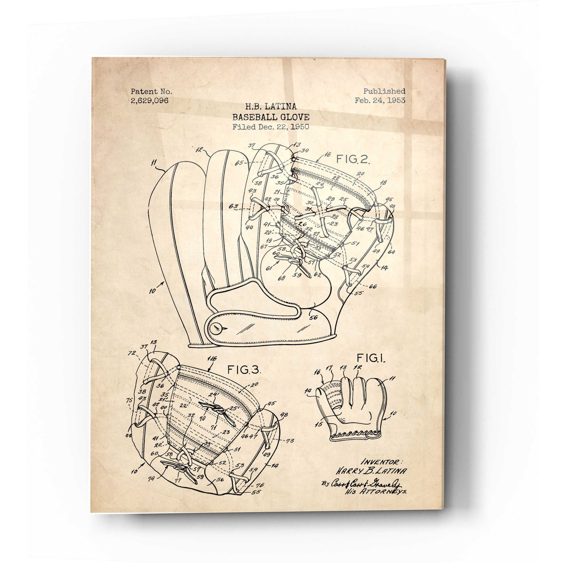 Epic Art 'Baseball Glove Blueprint Patent Parchment' Acrylic Glass Wall Art,24x36