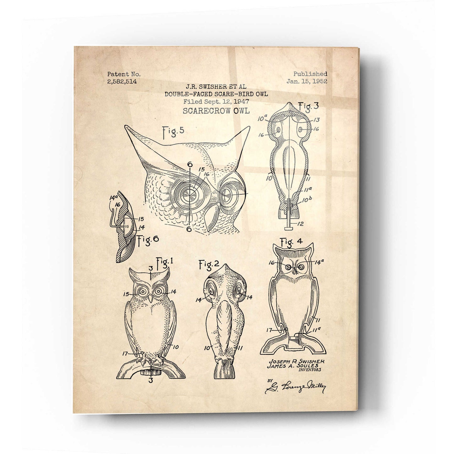 Epic Art 'Scarecrow Owl Blueprint Patent Parchment' Acrylic Glass Wall Art,24x36