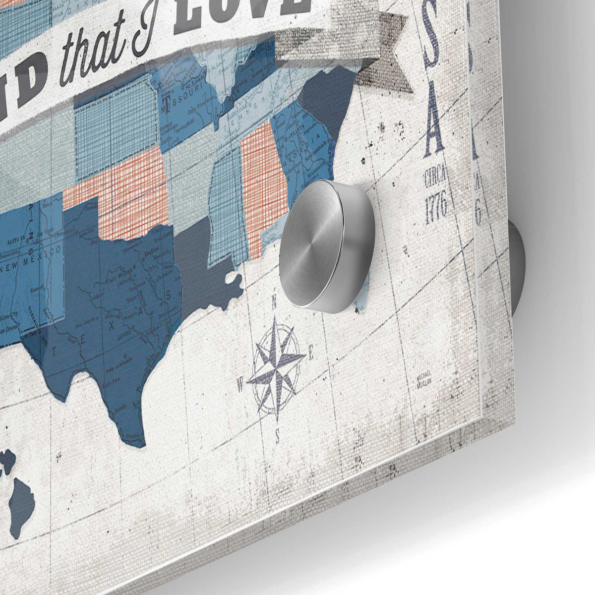 Epic Art 'USA Modern Vintage Blue Grey Red with Words' by Michael Mullan, Acrylic Glass Wall Art,24x36