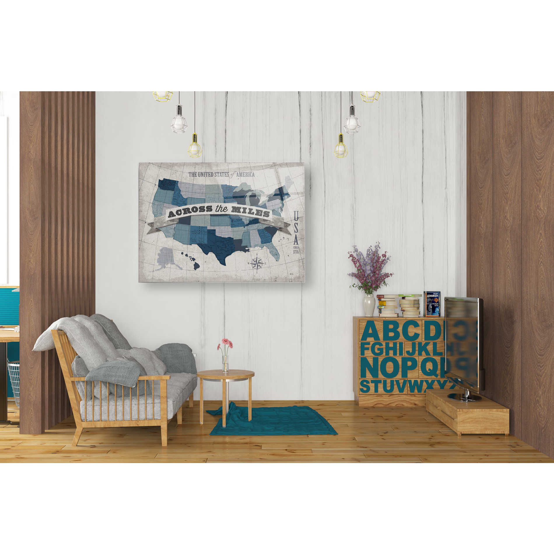 Epic Art 'USA Modern Vintage Blue Grey with Words' by Michael Mullan, Acrylic Glass Wall Art,24x36
