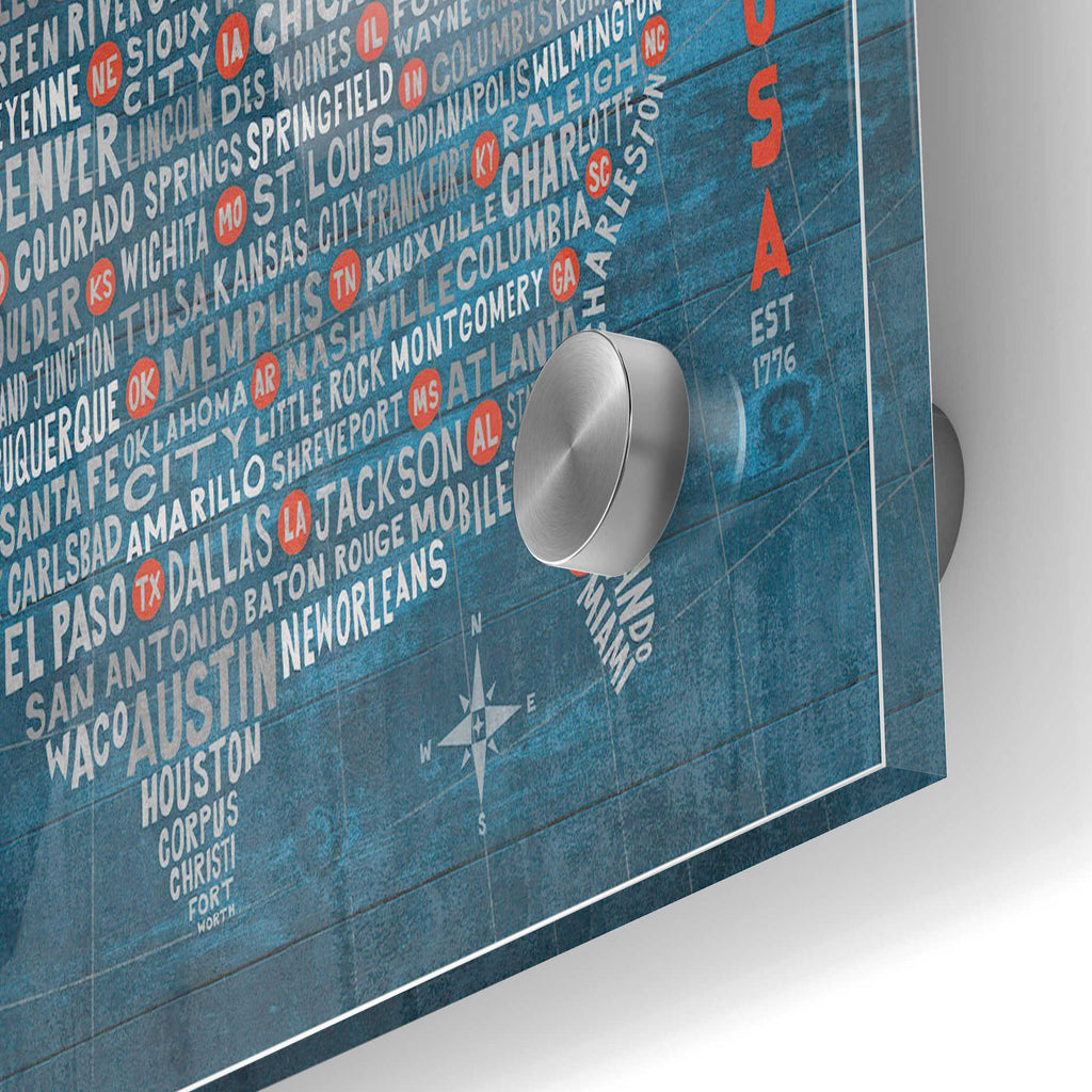 Epic Art 'US City Map on Wood Blue' by Michael Mullan, Acrylic Glass Wall Art,24x36