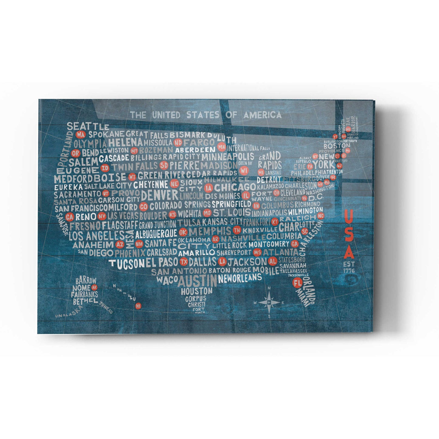 Epic Art 'US City Map on Wood Blue' by Michael Mullan, Acrylic Glass Wall Art,24x36