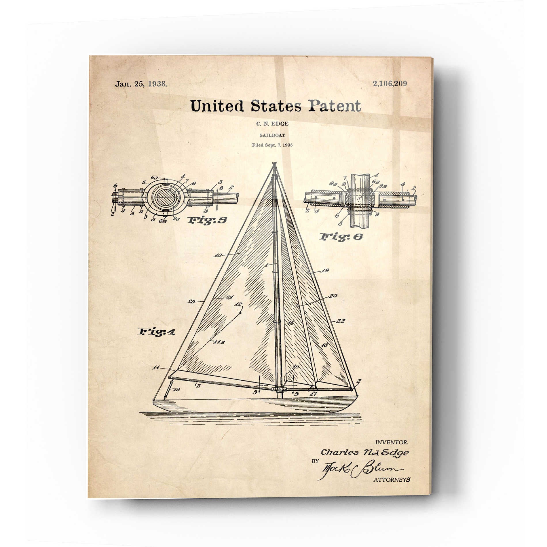Epic Art 'Sailboat Blueprint Patent Parchment' Acrylic Glass Wall Art,24x36