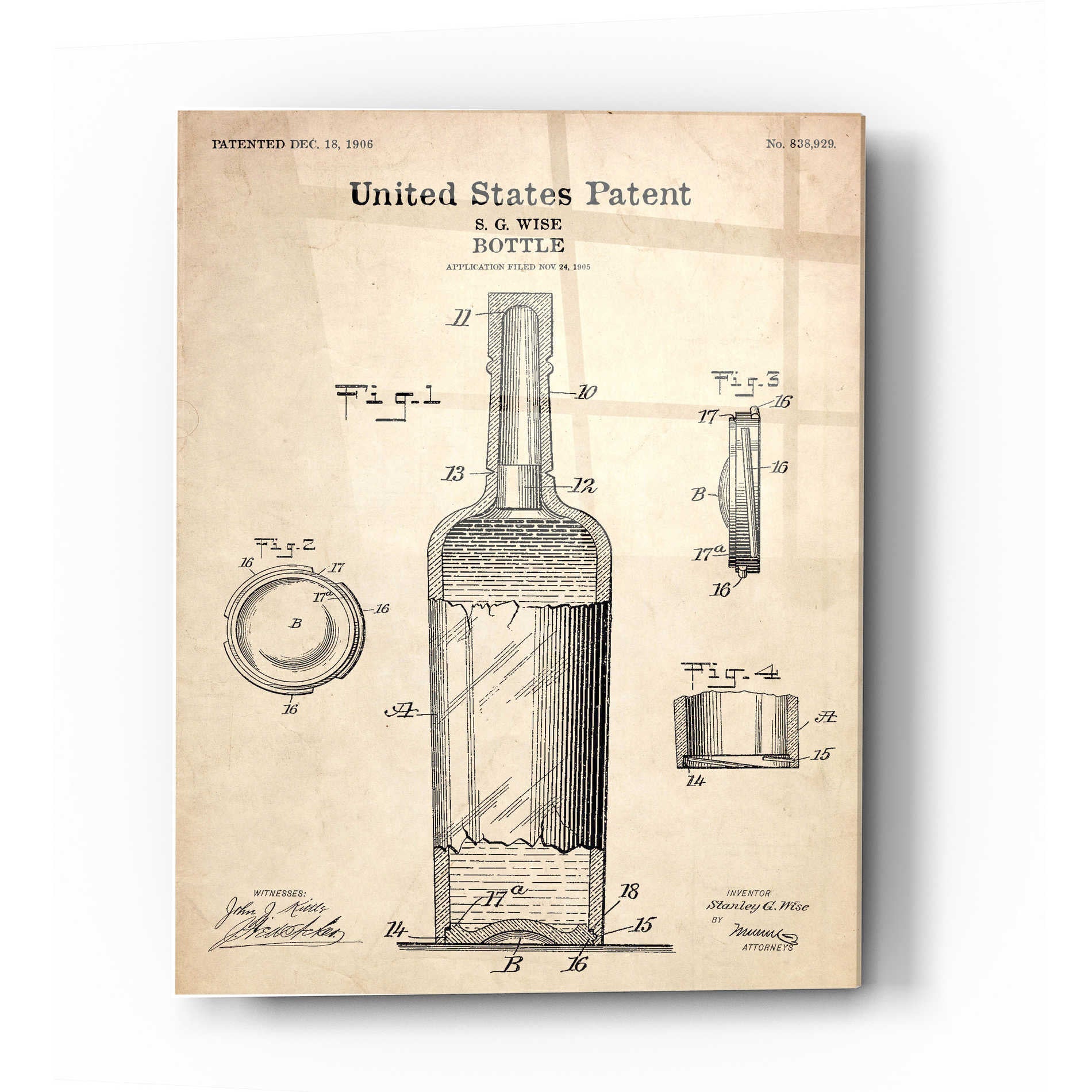 Epic Art 'Bottle Blueprint Patent Parchment' Acrylic Glass Wall Art,24x36