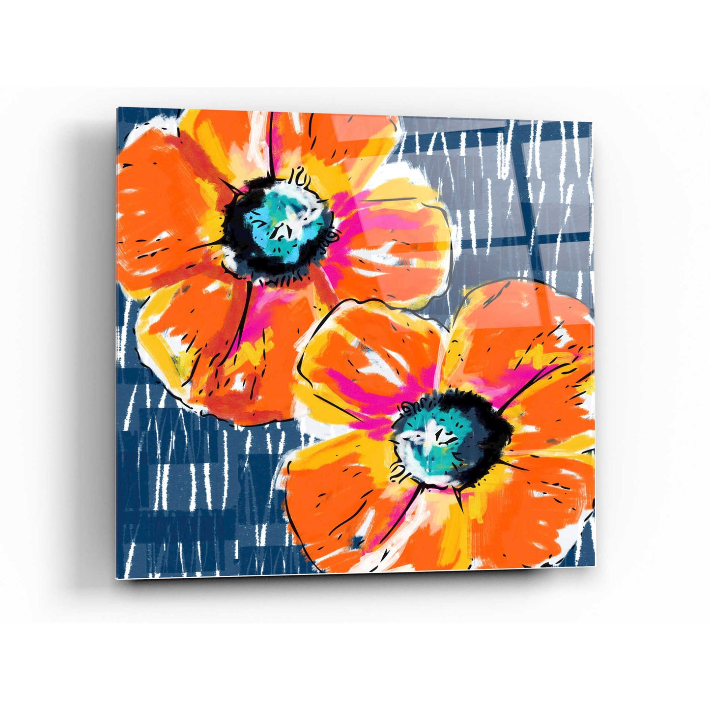 Epic Art 'Orange Poppies on Blue' by Linda Woods, Acrylic Glass Wall Art,36x36