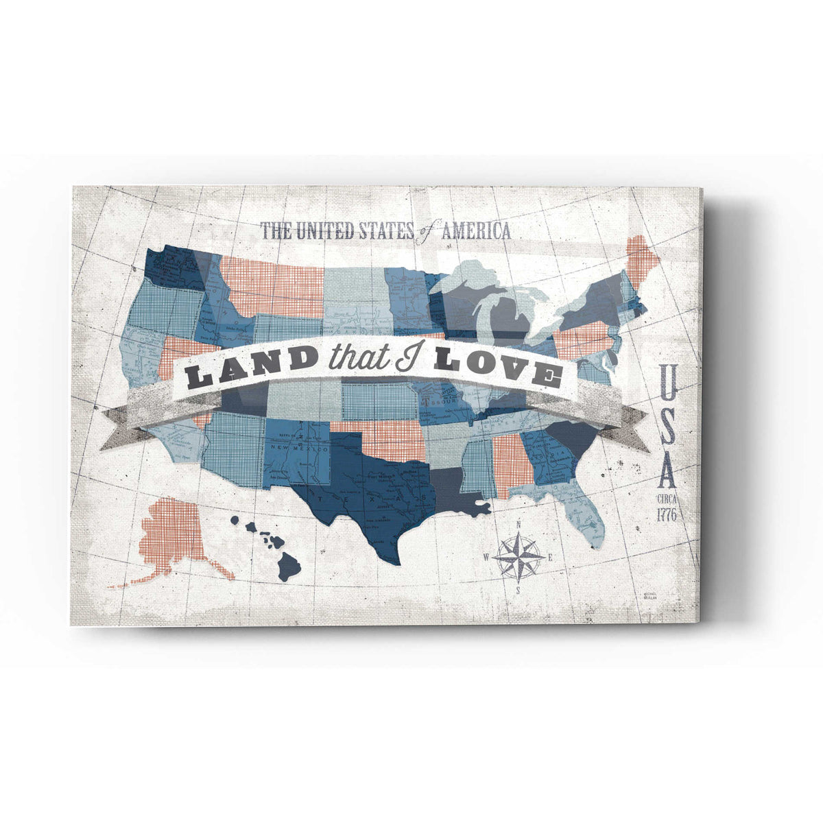 Epic Art 'USA Modern Vintage Blue Grey Red with Words' by Michael Mullan, Acrylic Glass Wall Art