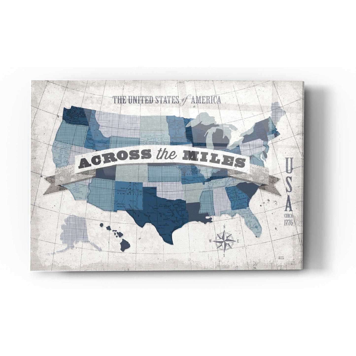 Epic Art 'USA Modern Vintage Blue Grey with Words' by Michael Mullan, Acrylic Glass Wall Art