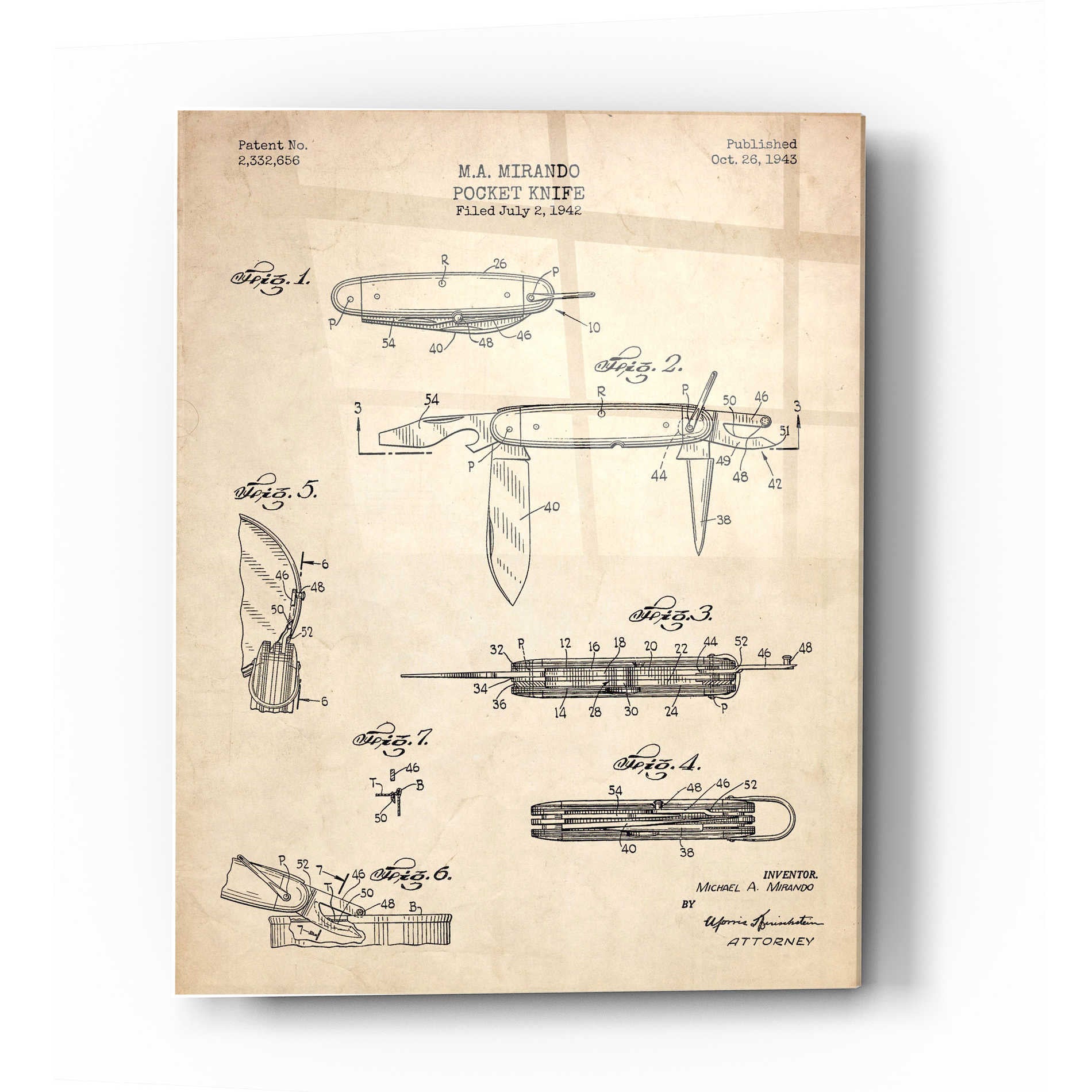 Epic Art 'Pocket Knife Blueprint Patent Parchment' Acrylic Glass Wall Art