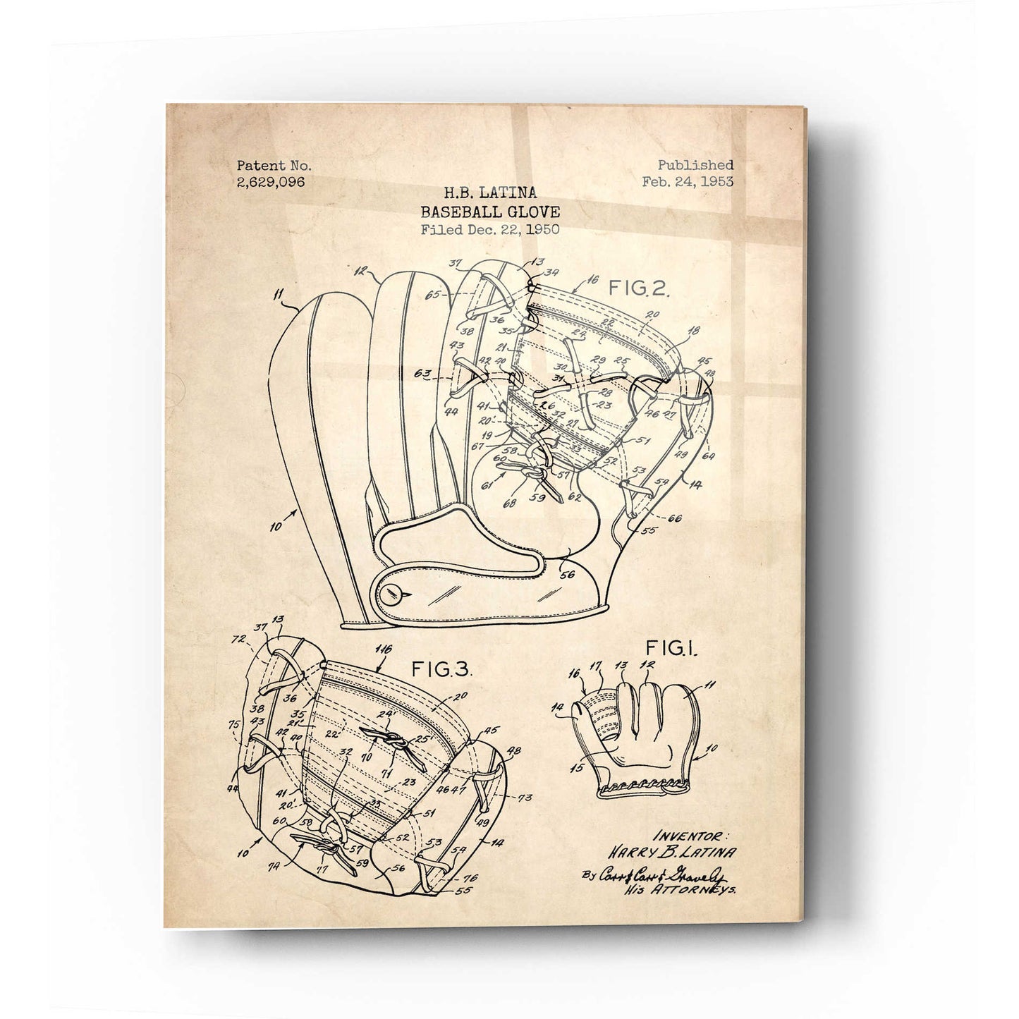 Epic Art 'Baseball Glove Blueprint Patent Parchment' Acrylic Glass Wall Art
