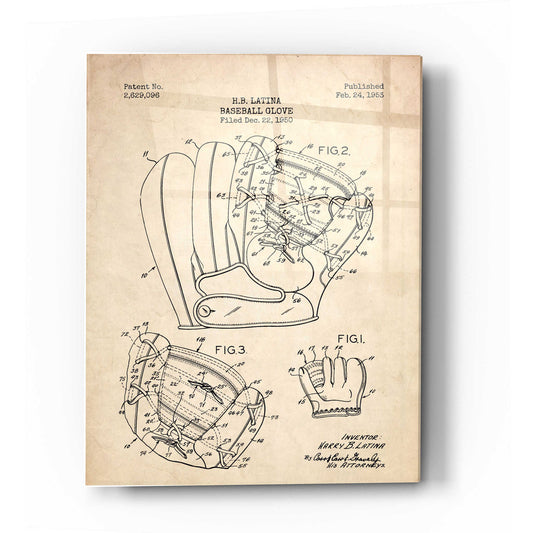 Epic Art 'Baseball Glove Blueprint Patent Parchment' Acrylic Glass Wall Art