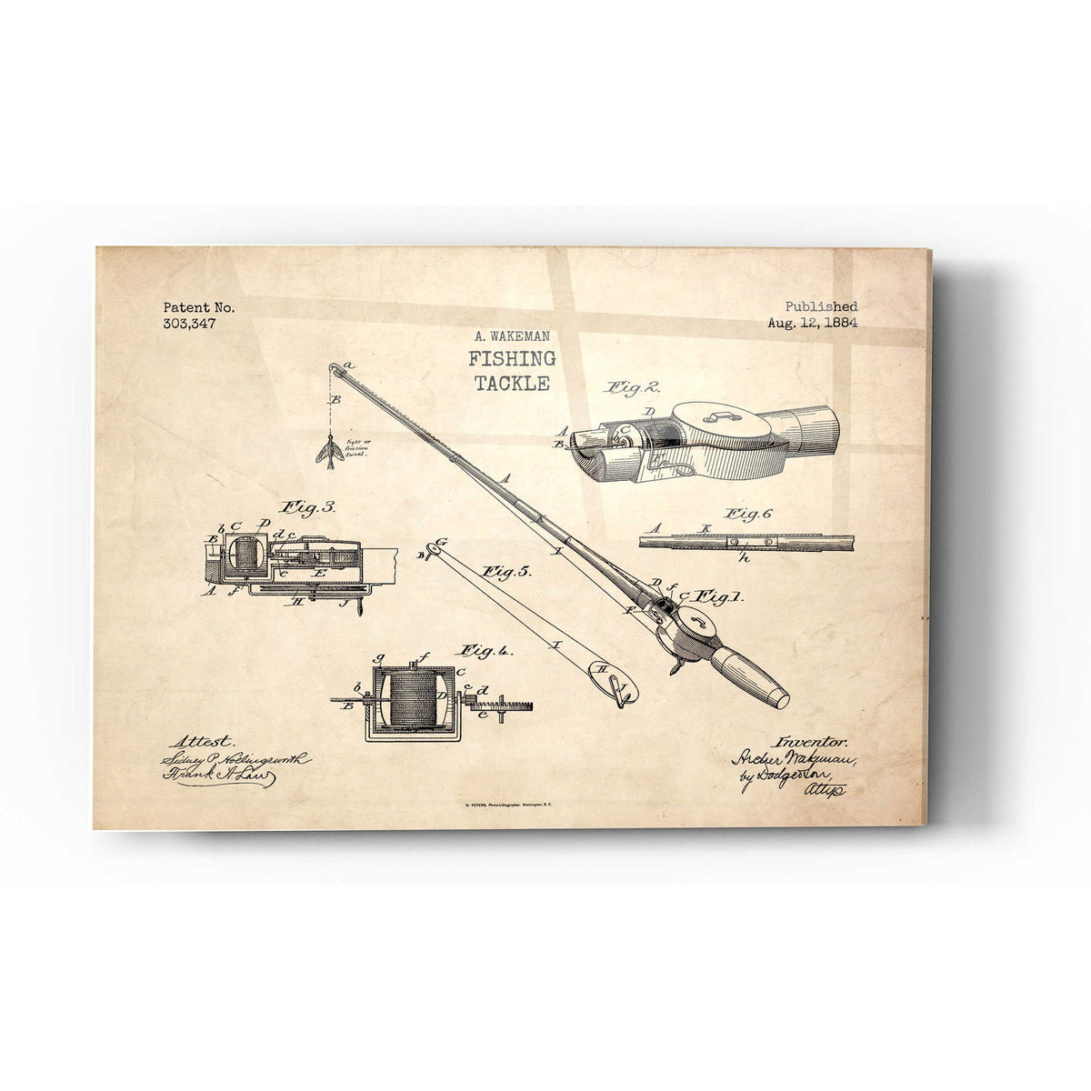 Epic Art 'Fishing Tackle Blueprint Patent Parchment' Acrylic Glass Wall Art