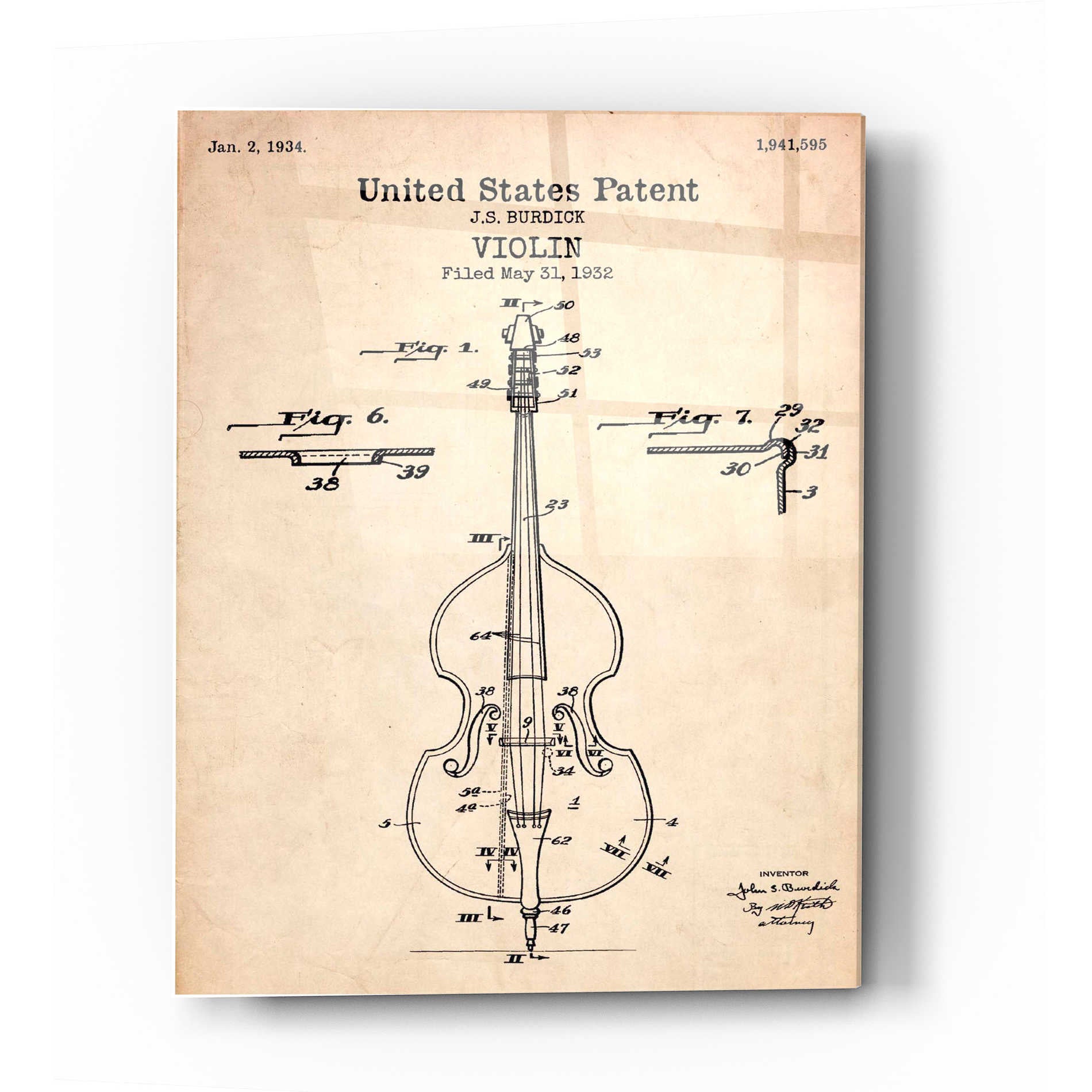 Epic Art 'Violin Blueprint Patent Parchment' Acrylic Glass Wall Art