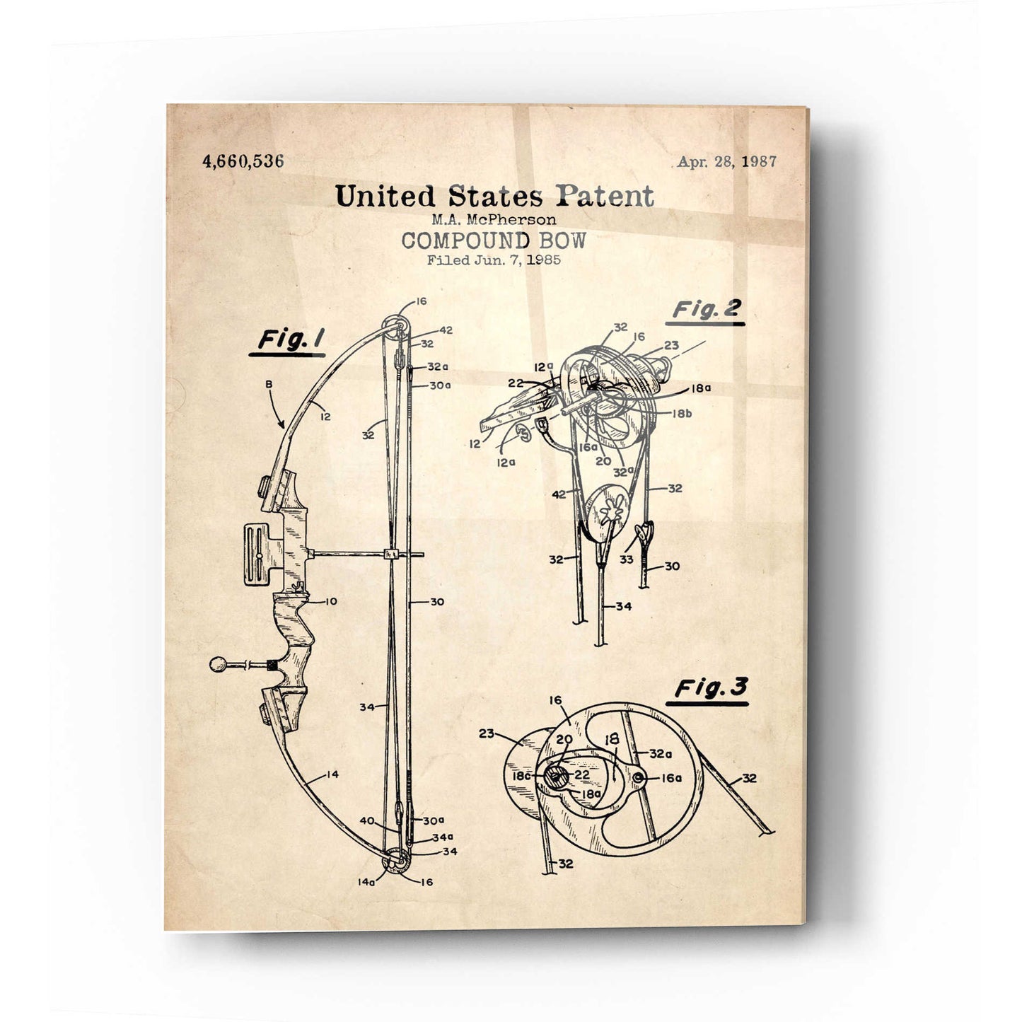 Epic Art 'Compound Bow Blueprint Patent Parchment' Acrylic Glass Wall Art